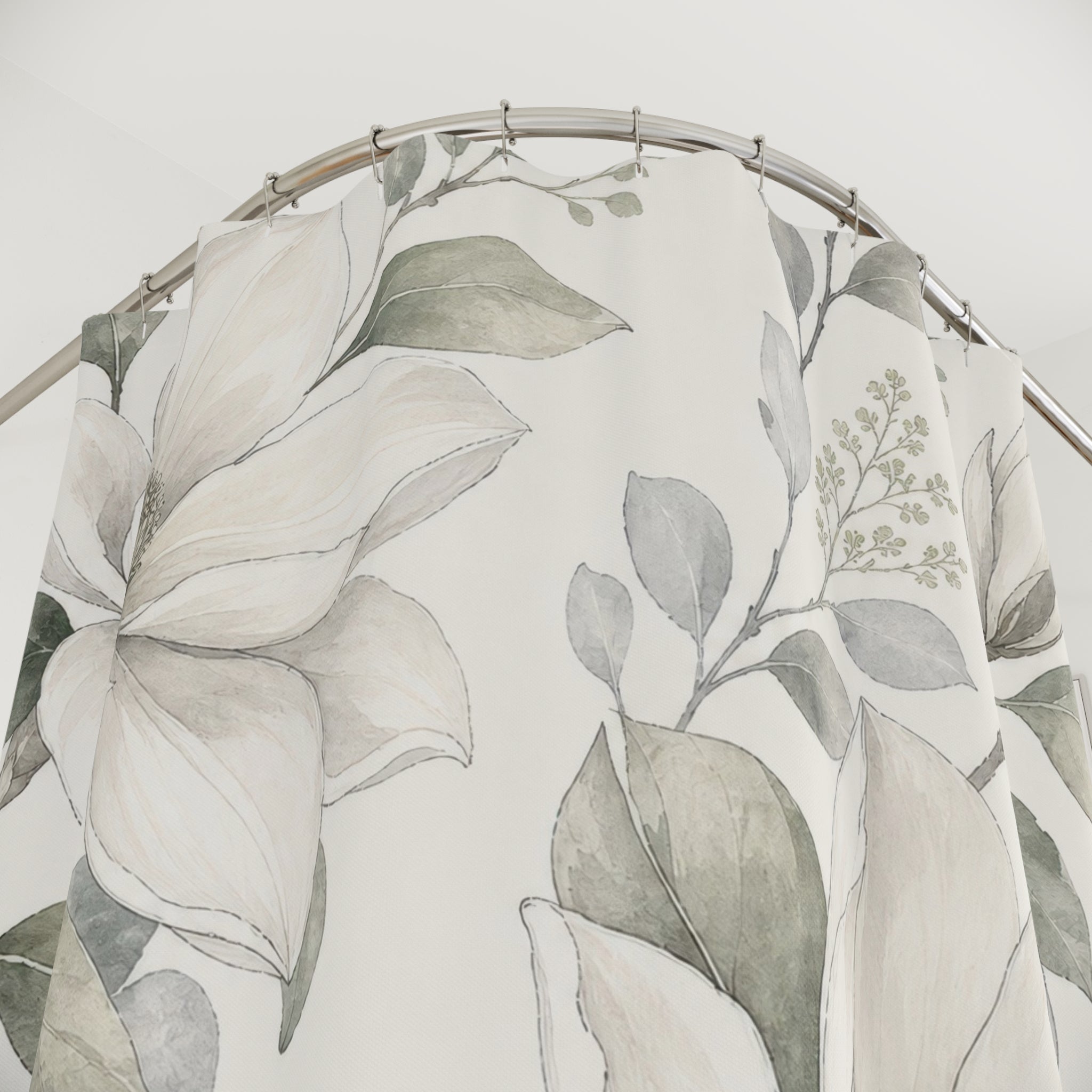 White Magnolia Shower Curtain, White Sage Botanical Bathroom Decor, Magnolia Floral Bath Curtain, Guest Bath Decor, Small Bathroom Decor