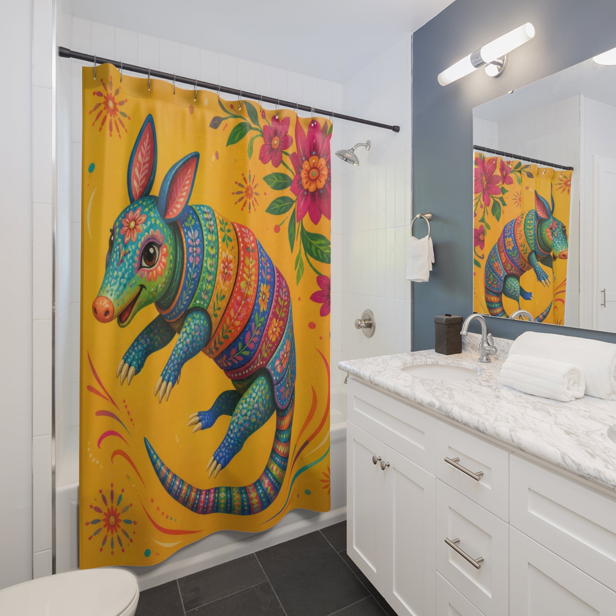 Painted armadillo curling among folk flowers shower curtain beside a white vanity
