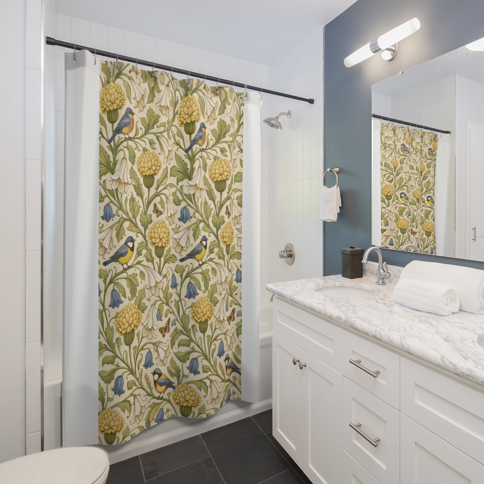 William Morris Floral Shower Curtain – Green Gold Bird