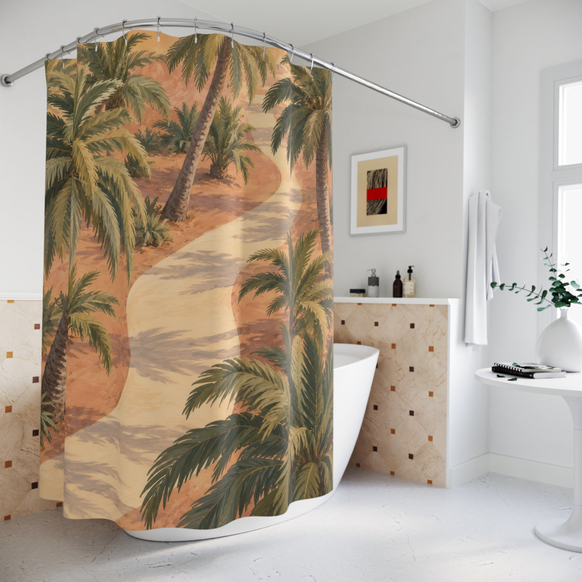 Olive palm trees beside a cream path on apricot ground shower curtain beside a freestanding tub