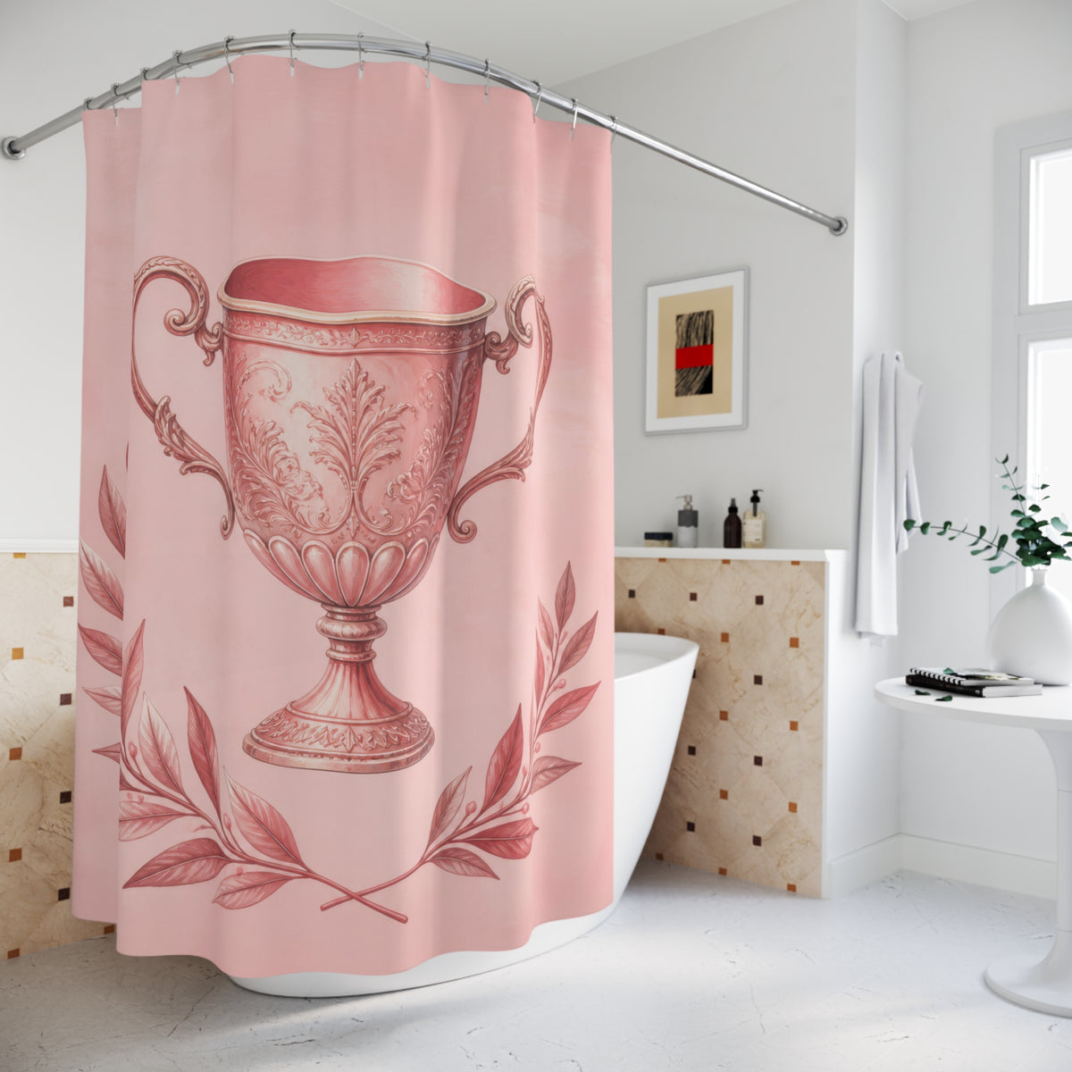 Ornate blush pink trophy cup framed by laurel branches shower curtain beside a freestanding tub