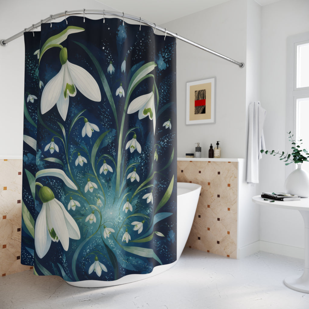 White winter snowdrops radiating over midnight blue shower curtain beside a freestanding tub