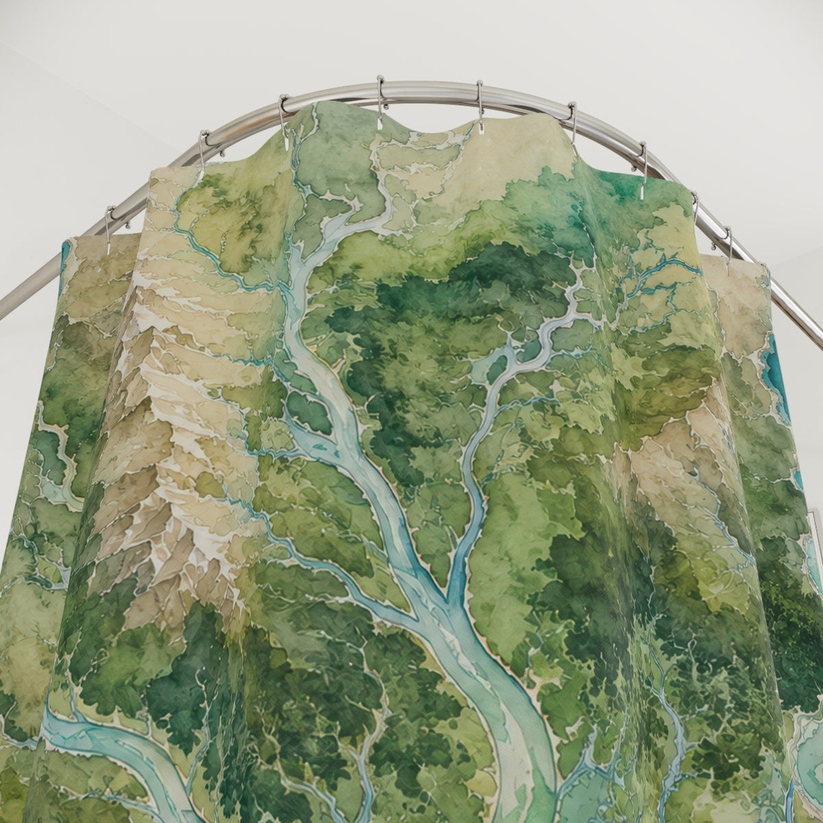 Green watershed watercolor map shower curtain with close-up print, hooks, and folds