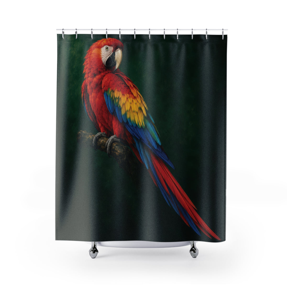 Scarlet macaw with blue and yellow feathers on dark green shower curtain with full front view