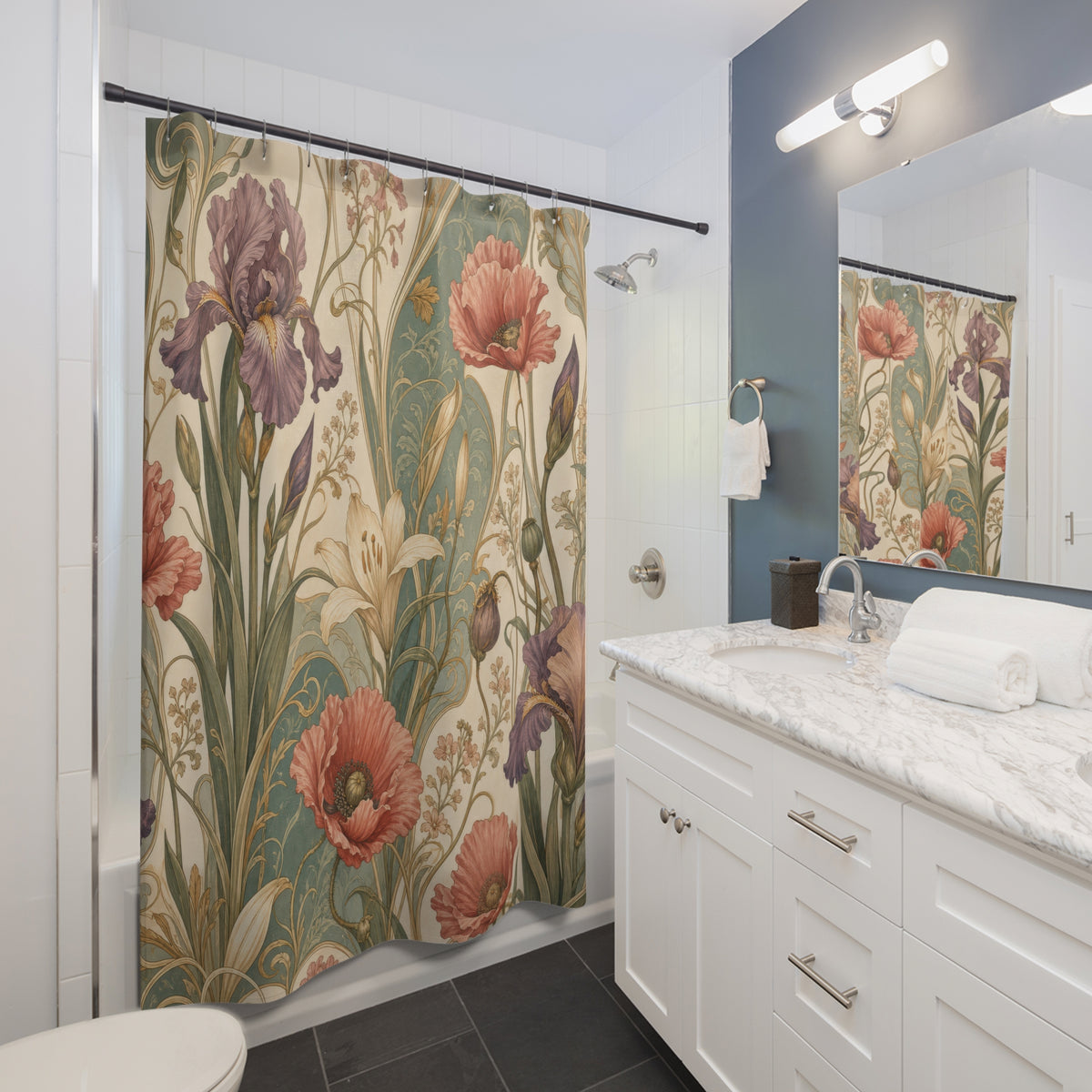 Art Nouveau Poppy sage coral shower curtain beside a white vanity
