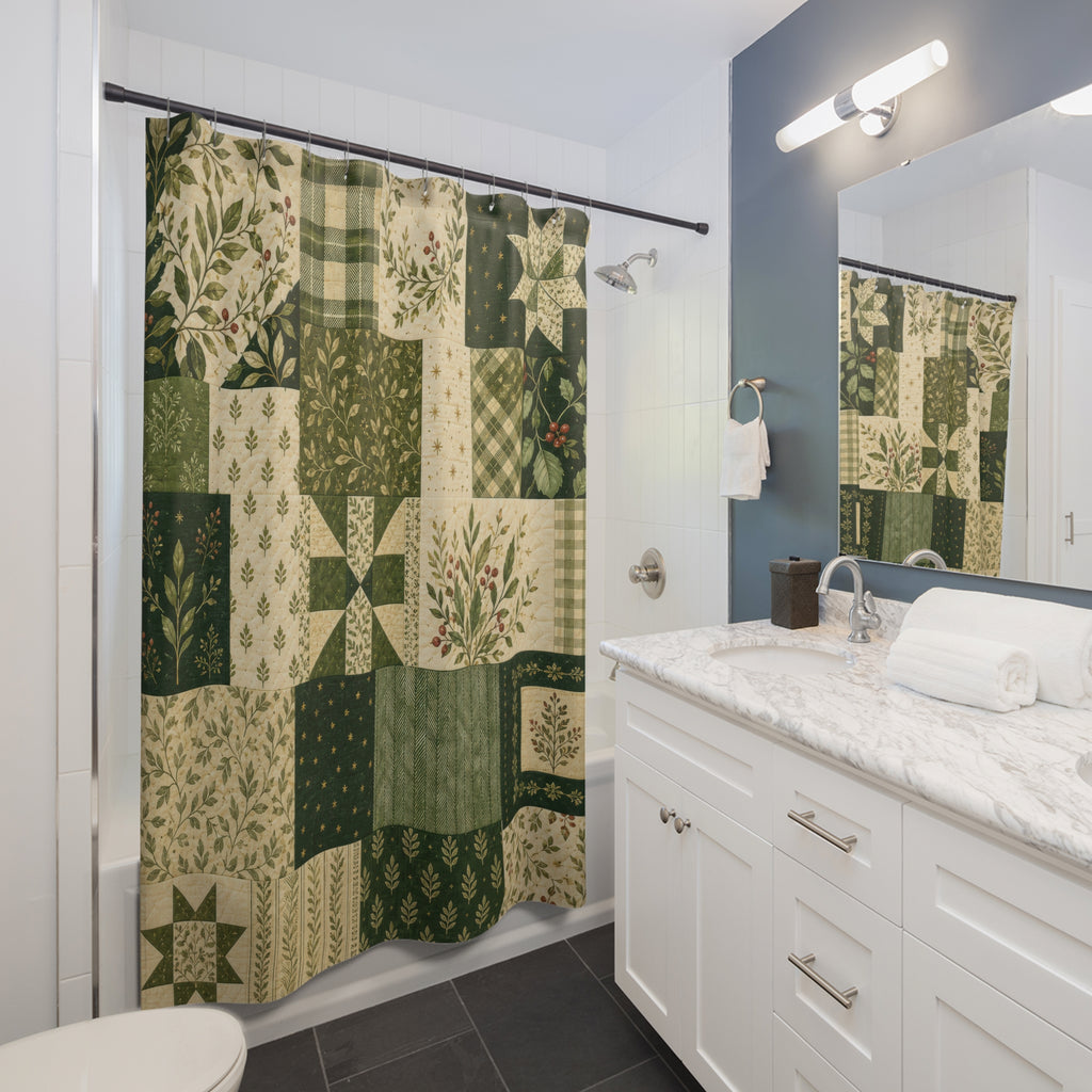 Farmhouse Patchwork Green Shower Curtain