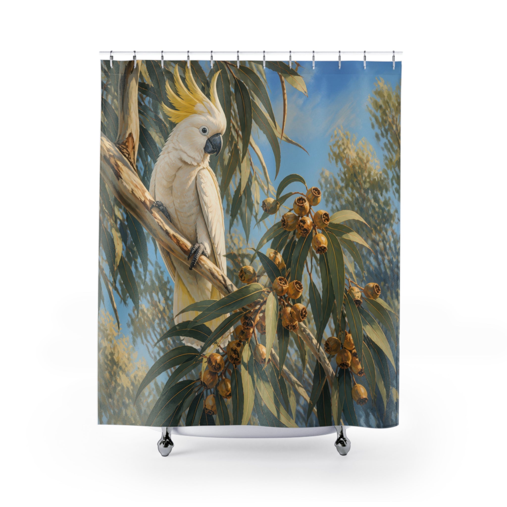 White sulphur crested cockatoo among sunlit eucalyptus leaves shower curtain, full front view