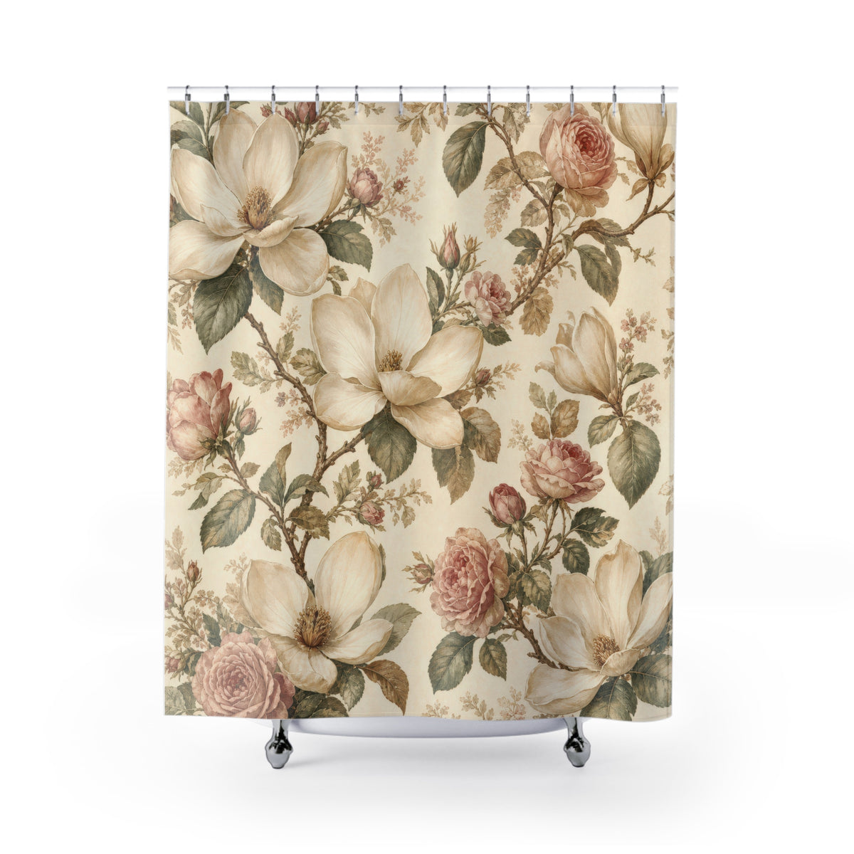 White Rose Vintage Botanical magnolia shower curtain with full front view