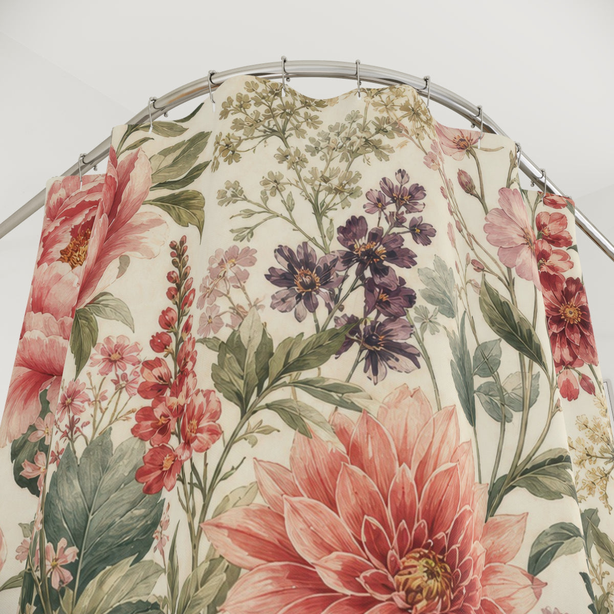 Pink Peony Garden Bouquet vintage shower curtain with close-up print, hooks, and folds