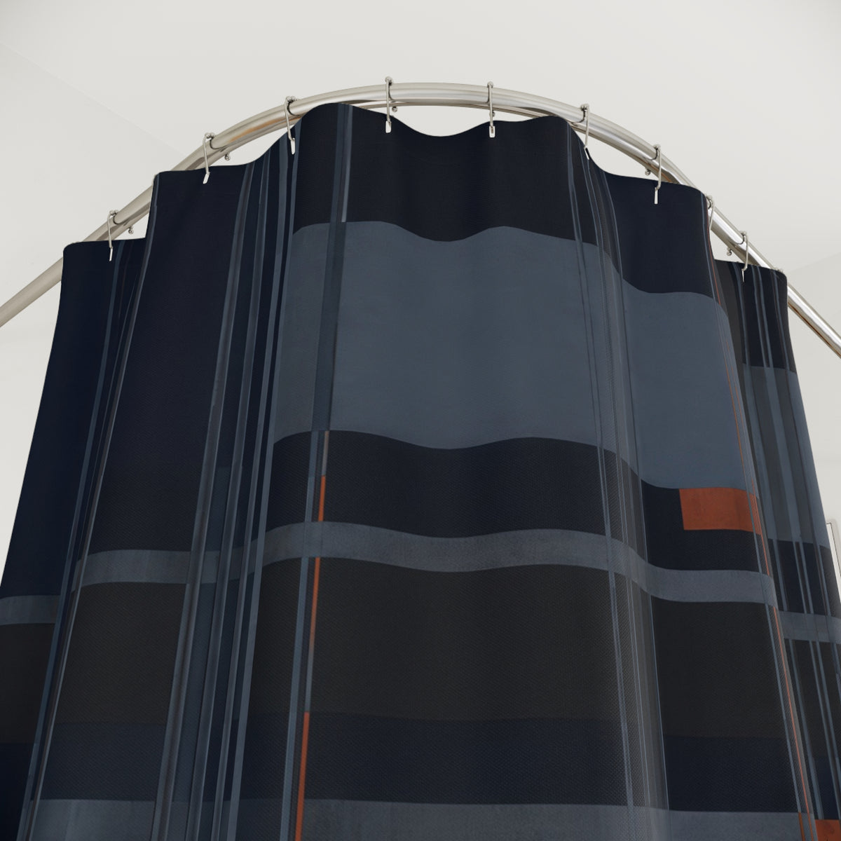 Navy pinstripes crossing slate plaid with rust accents shower curtain with close-up print, hooks, and folds