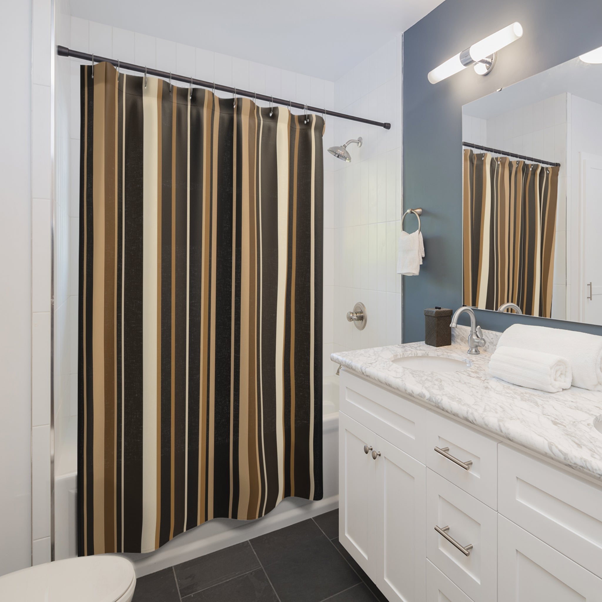 Black Brown Striped Shower Curtain, Modern Geometric Bath Decor, Cream Tan Vertical Stripe Pattern, Warm Neutral Bathroom Decor Style