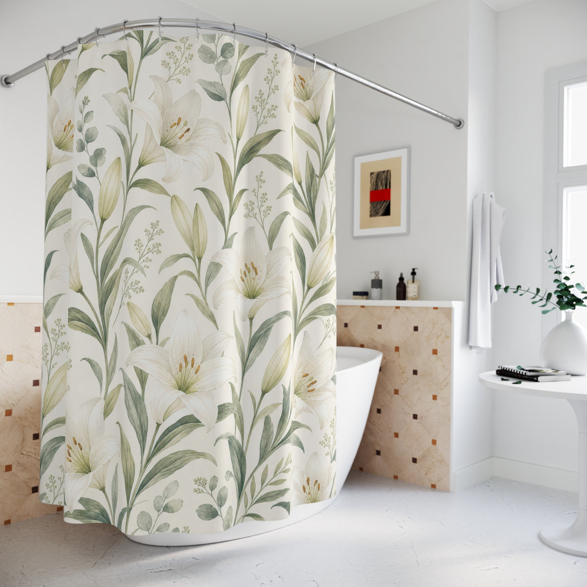 Floral Botanical white lily tall shower curtain beside a freestanding tub