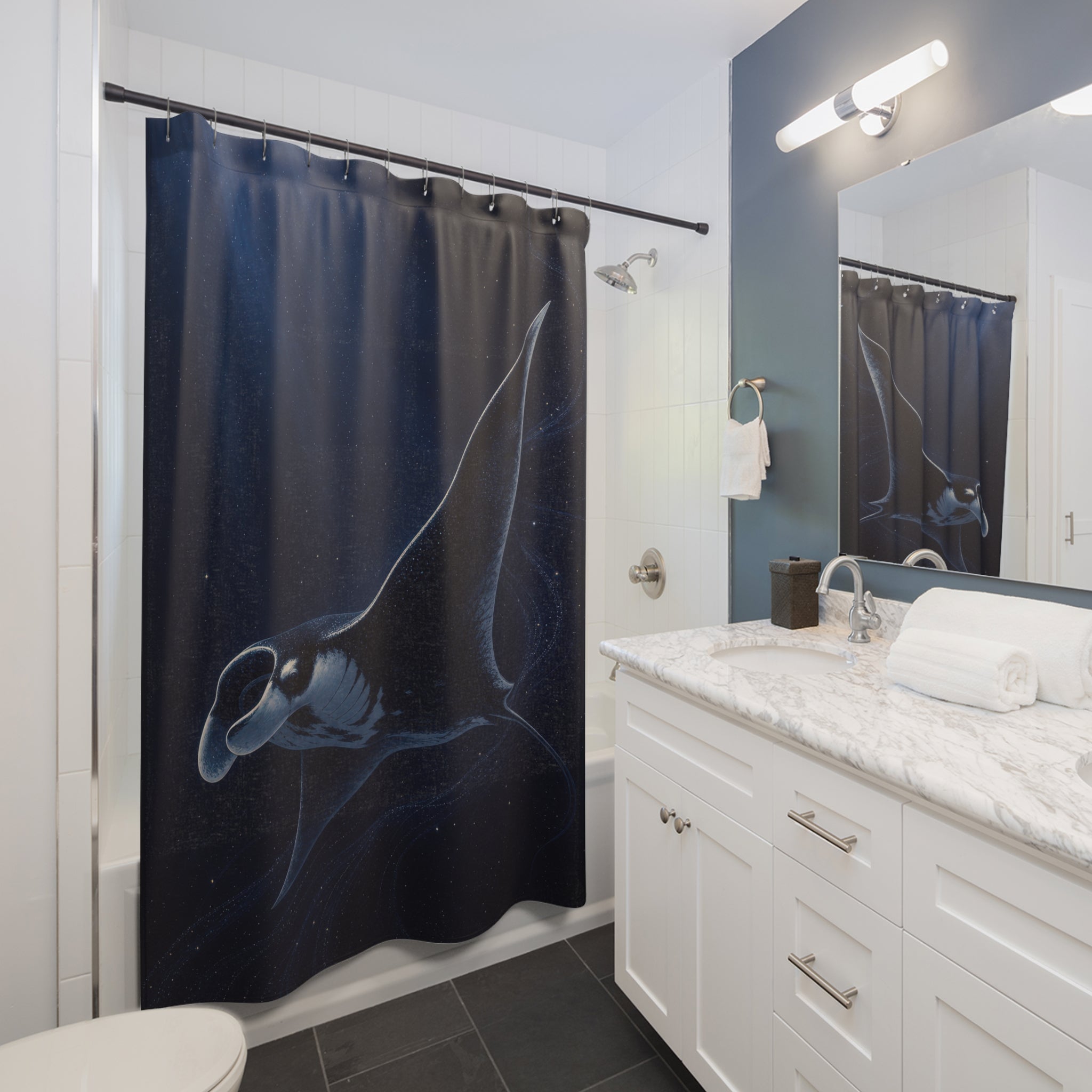 Midnight Manta Ray Navy Shower Curtain