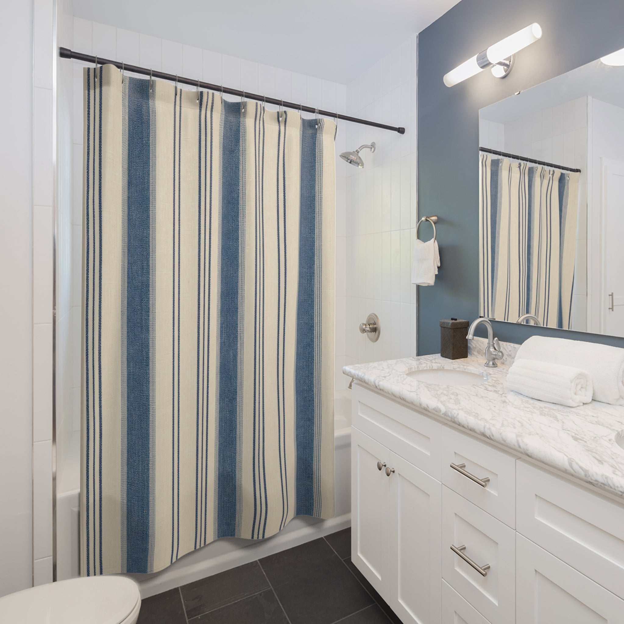 Blue Ticking Stripe Shower Curtain