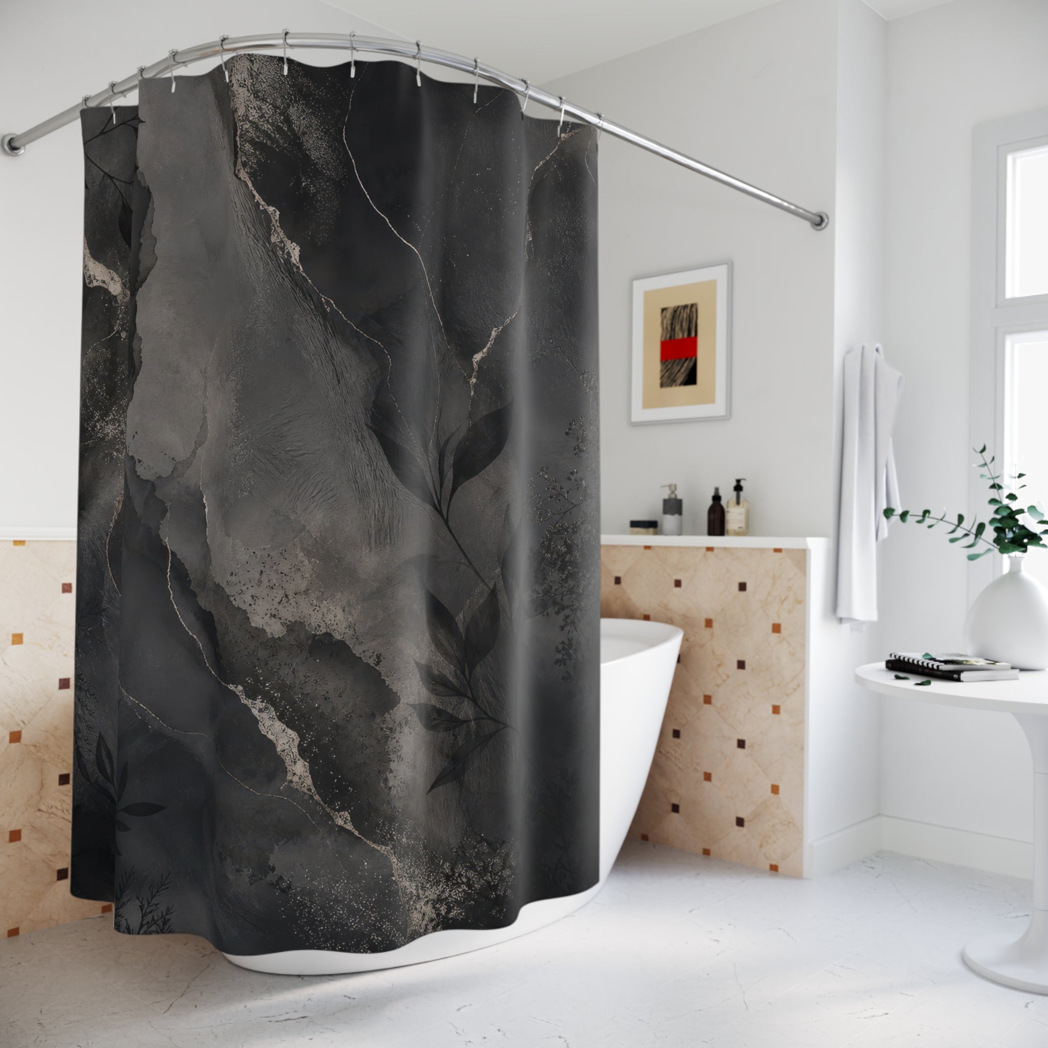 Dark Grey Shower Curtain: Abstract Charcoal Stone Pattern