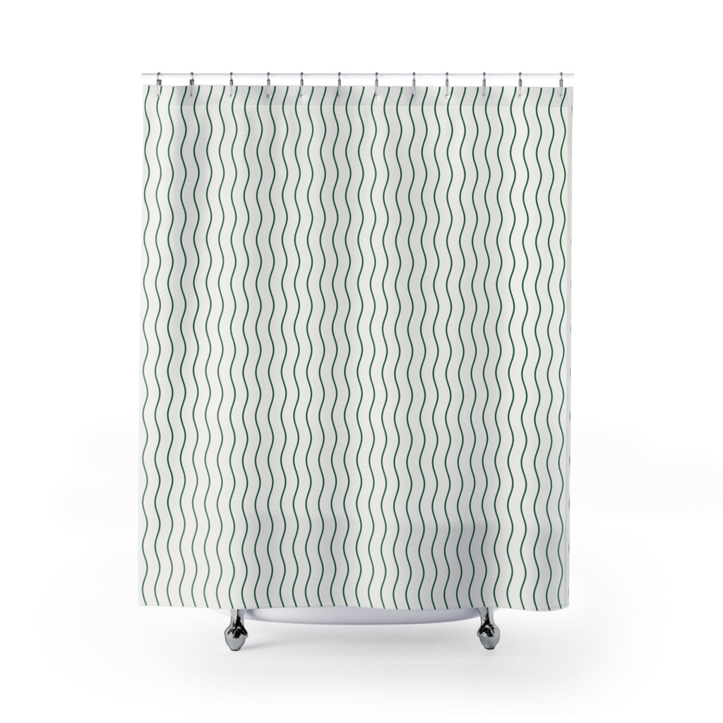 Green and White Wavy Stripe Shower Curtain