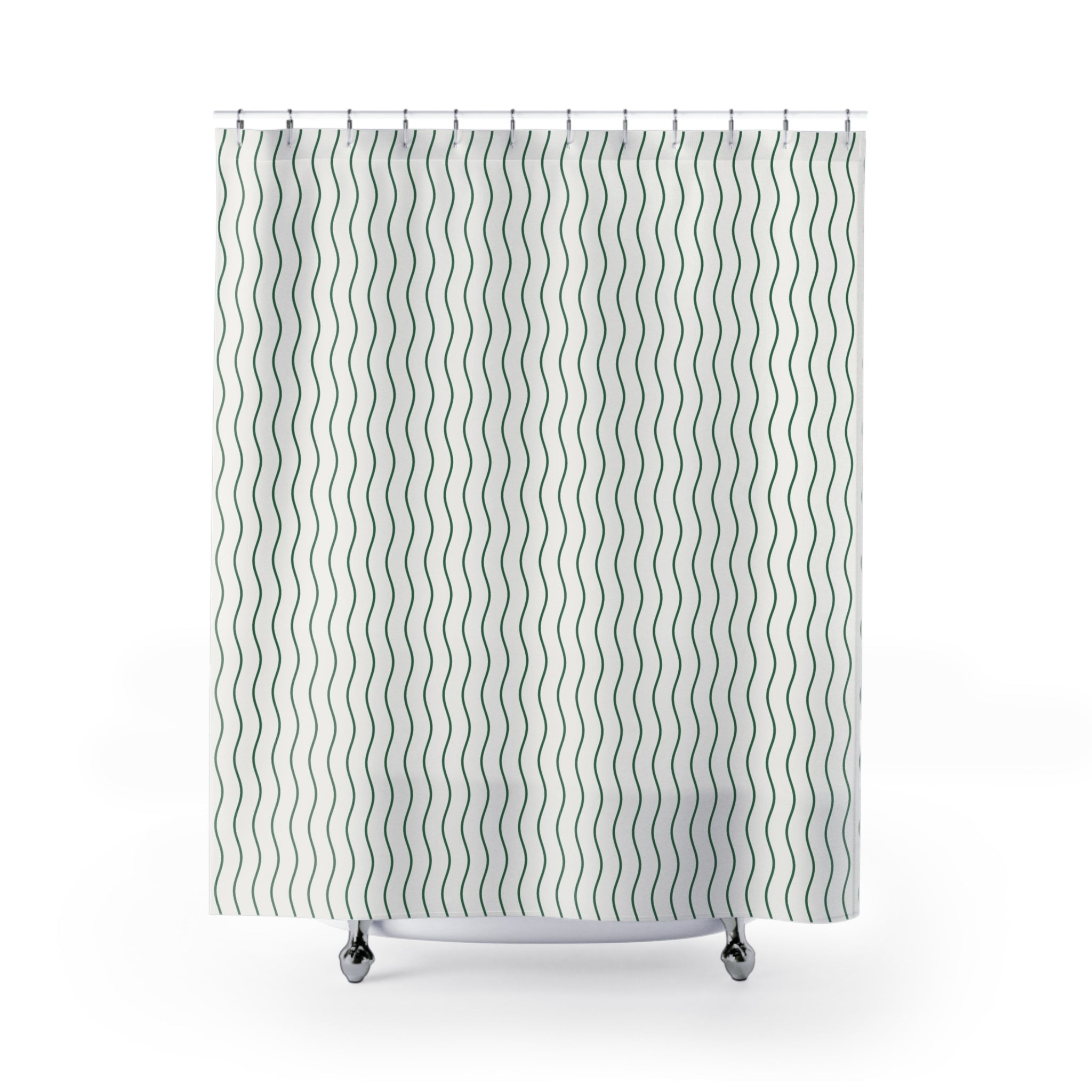 Green and White Wavy Stripe Shower Curtain