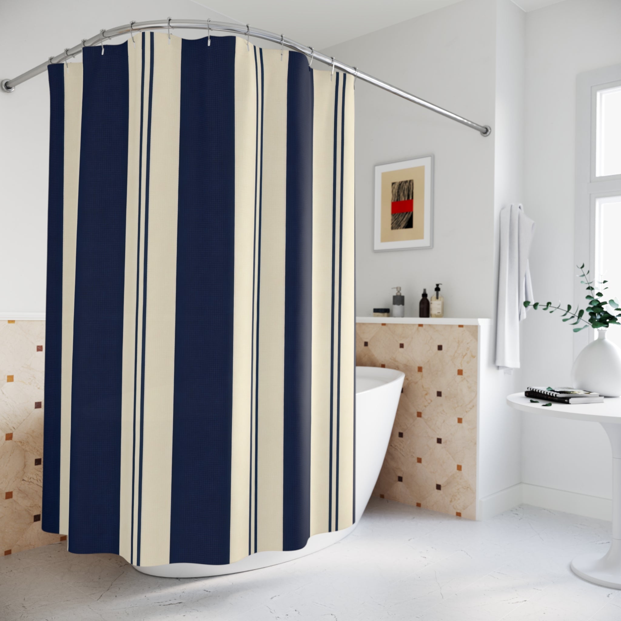 Navy Cream Tan Vertical Stripe Shower Curtain
