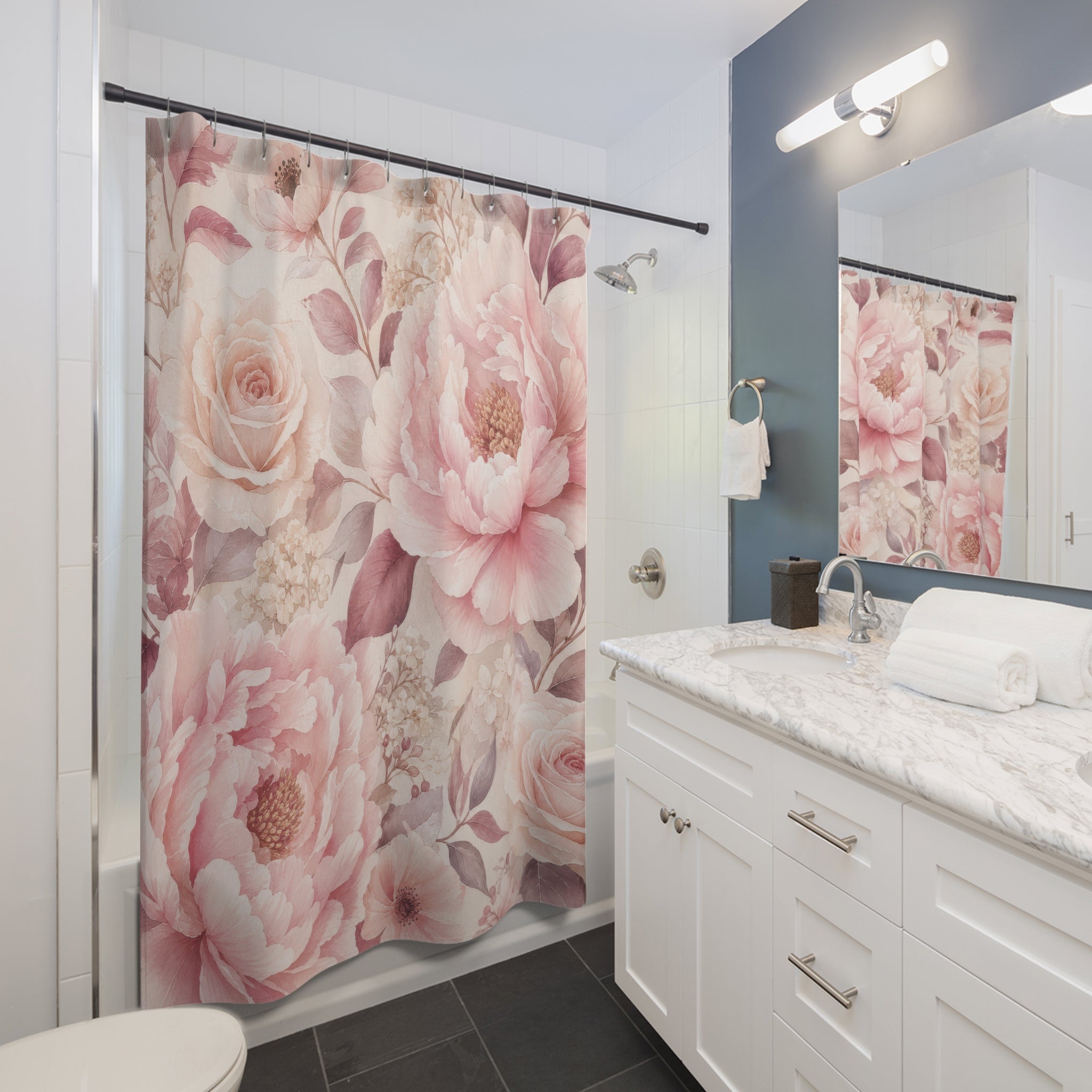 Blush Shower Curtain: Pink Rose Floral Pattern