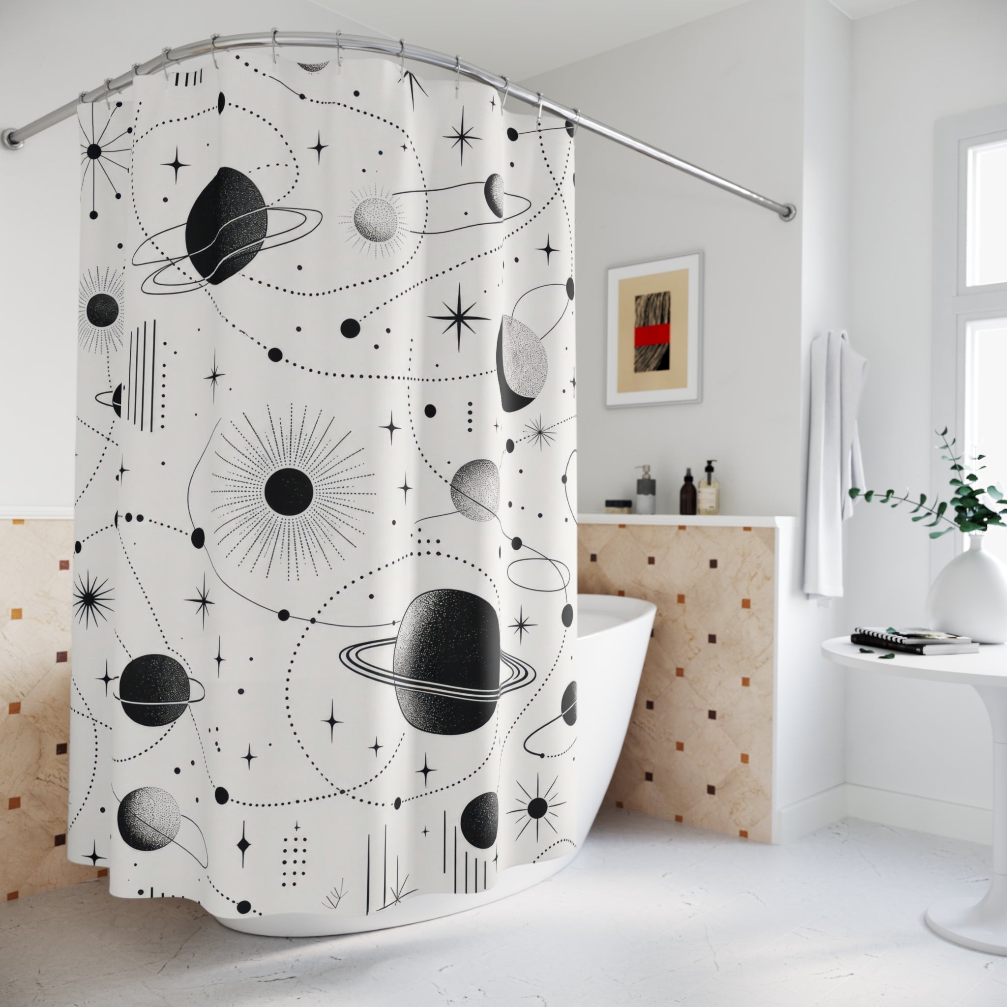 Black White Planet Shower Curtain