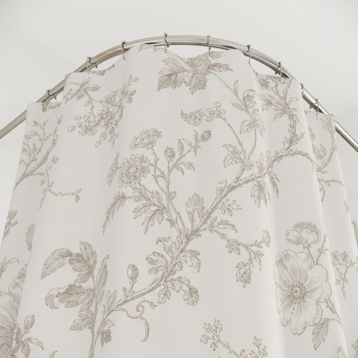 Beige Vine Flower vintage floral shower curtain with close-up print, hooks, and folds