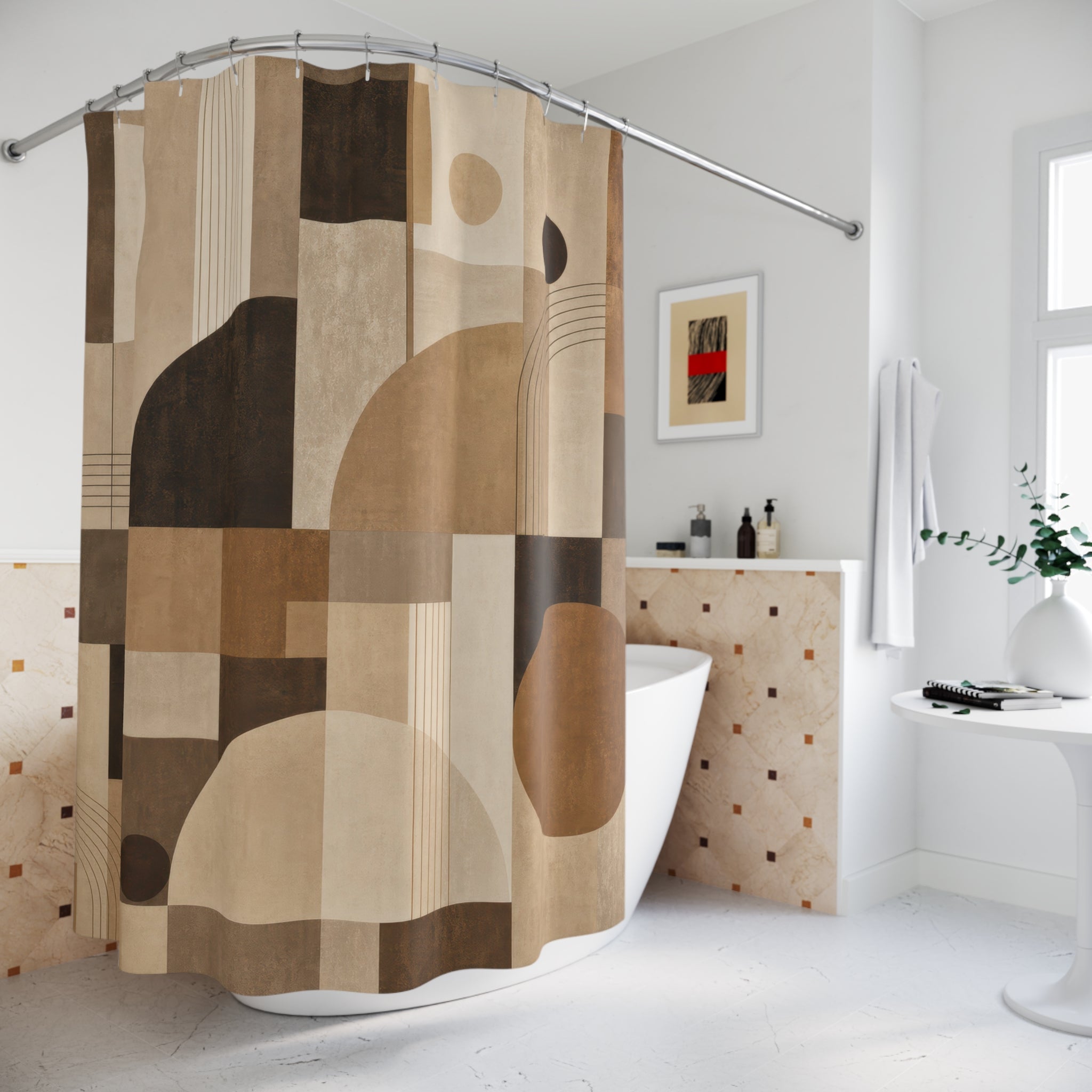 Brown Beige Geometric Block Shower Curtain