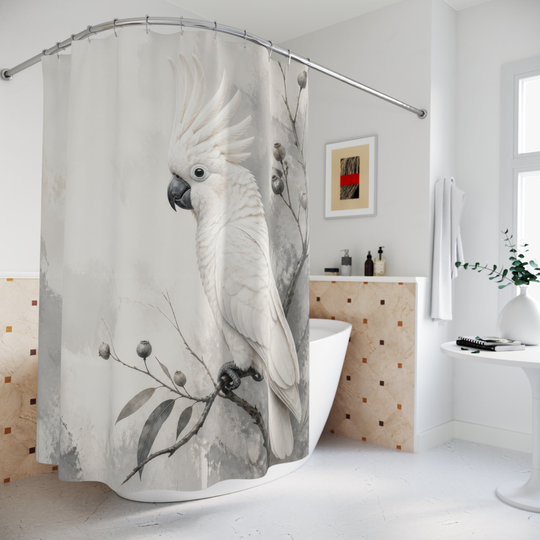 White cockatoo perched in soft grey ink wash foliage shower curtain styled beside a freestanding tub