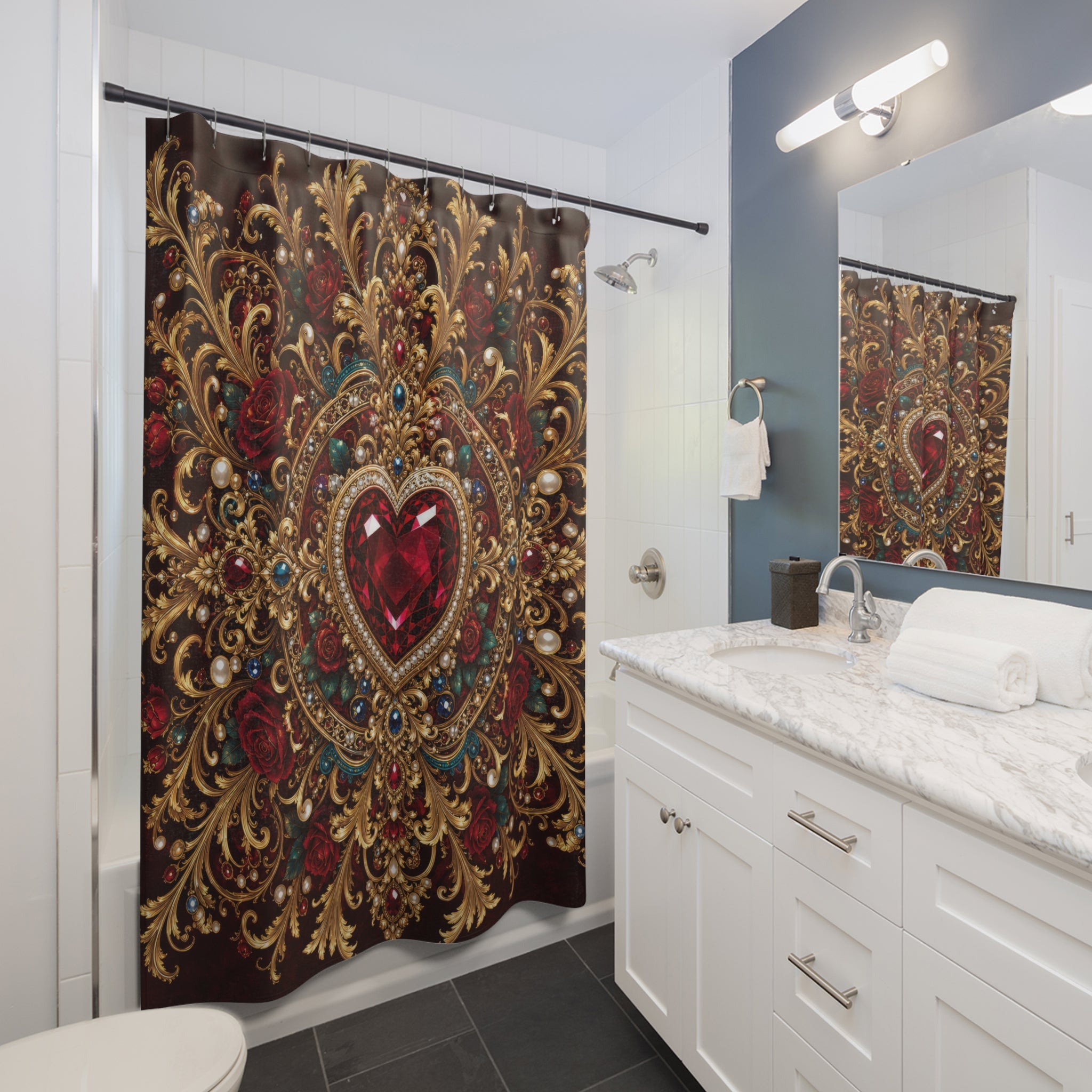Ruby Jeweled Heart Valentine Shower Curtain