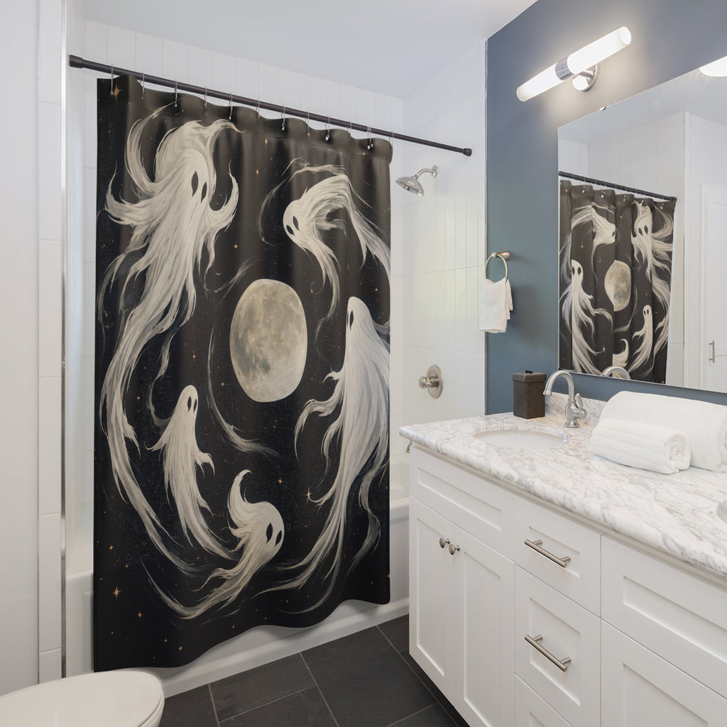 Ivory white ghosts orbiting a pale moon shower curtain beside a white vanity