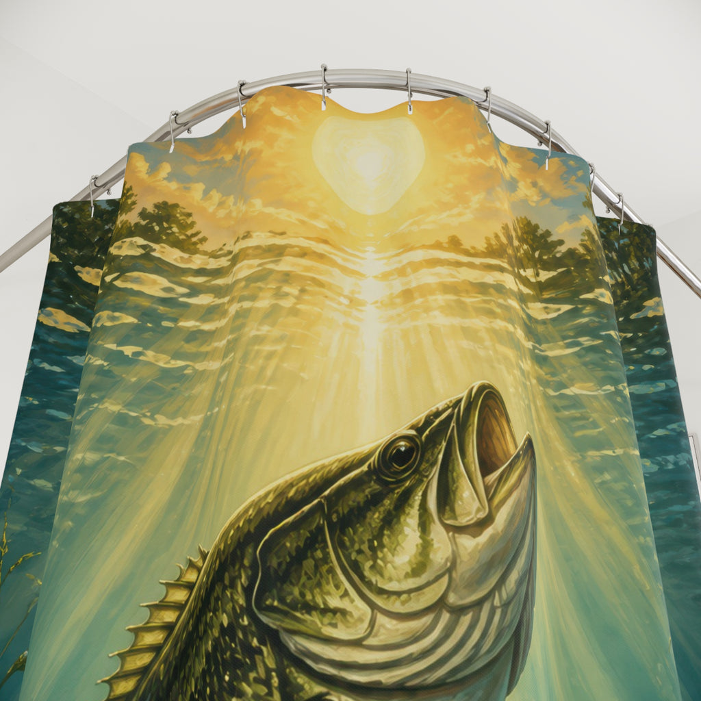 Largemouth bass rising through golden sunbeams in a teal lake shower curtain with close-up print, hooks, and folds