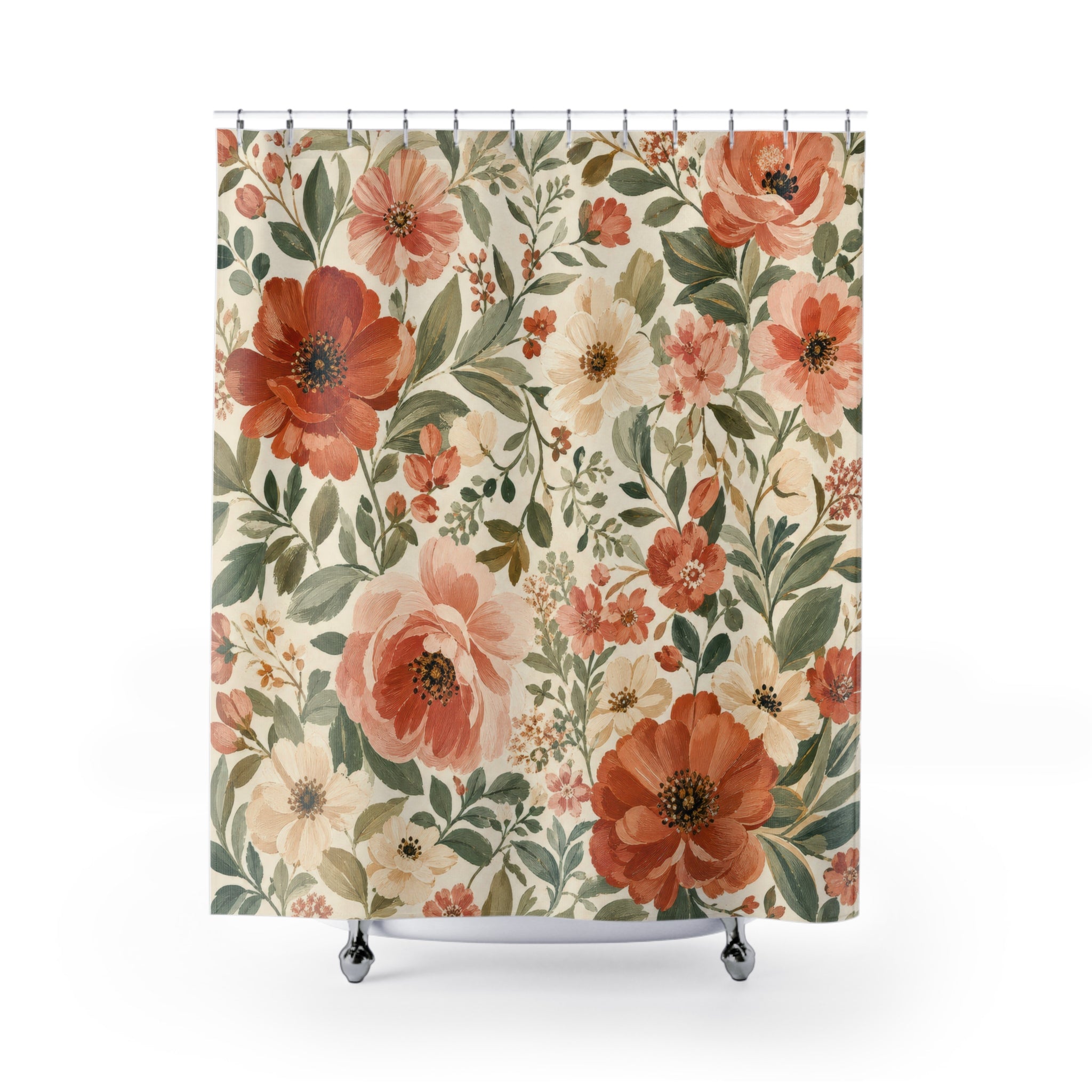 Peach Coral Poppy Garden Floral Shower Curtain