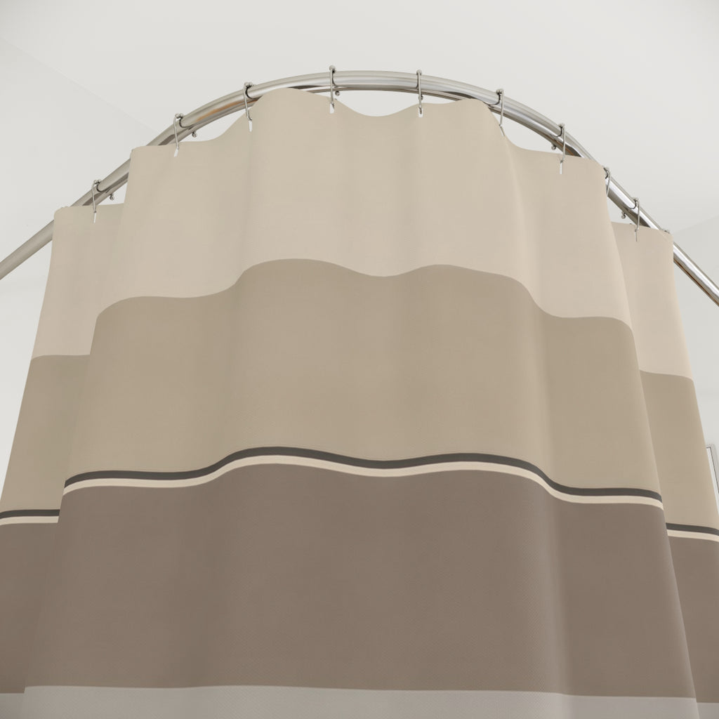 Wide horizontal stripes in cream oatmeal taupe gray and charcoal shower curtain with close-up print, hooks, and folds