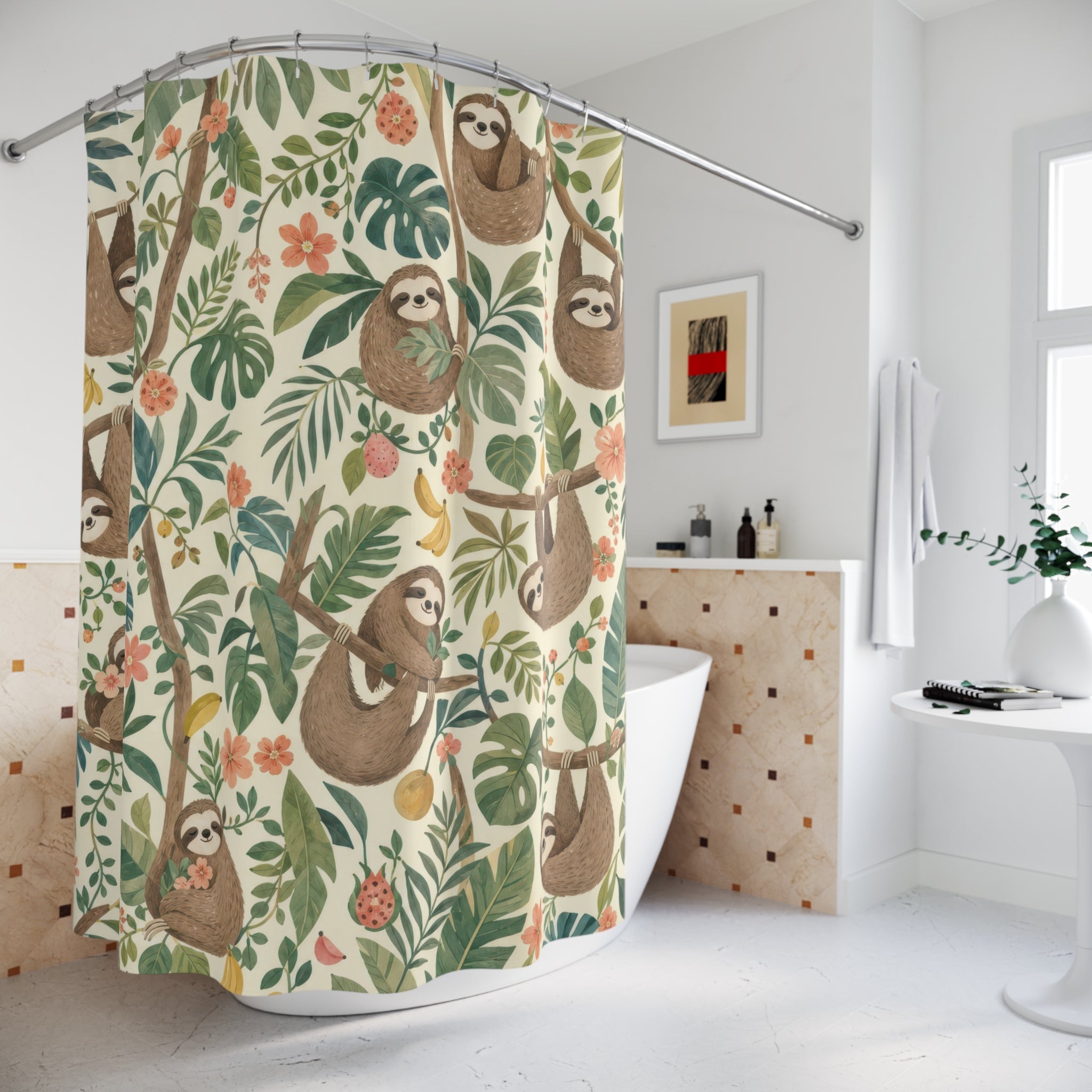 Kids Sloth Shower Curtain, Cute Jungle Animal Pattern, Tropical Leaf Bathroom Decor, Nursery Jungle Wall Decor Guest Bath Wall Gift