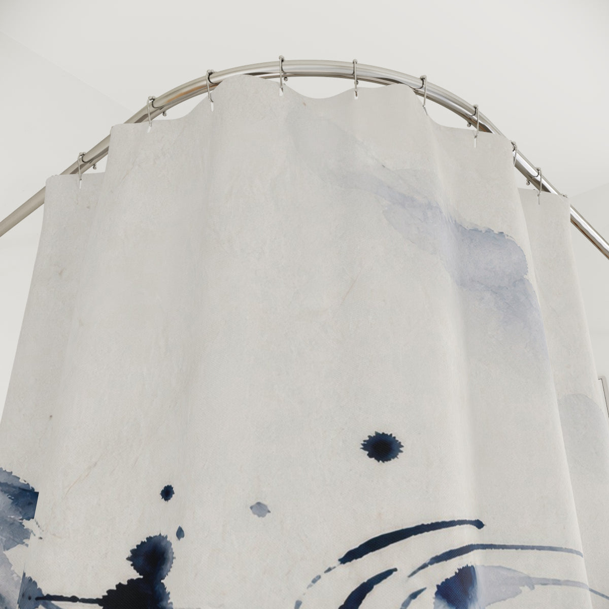 Blue Watercolor Abstract Bathroom Decor Navy Blue Bath Curtain shower curtain beside a white vanity
