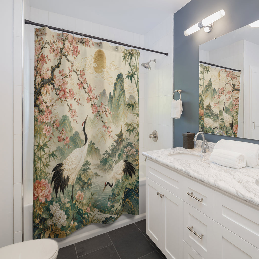 Japanese Shower Curtain: Asian Crane Garden