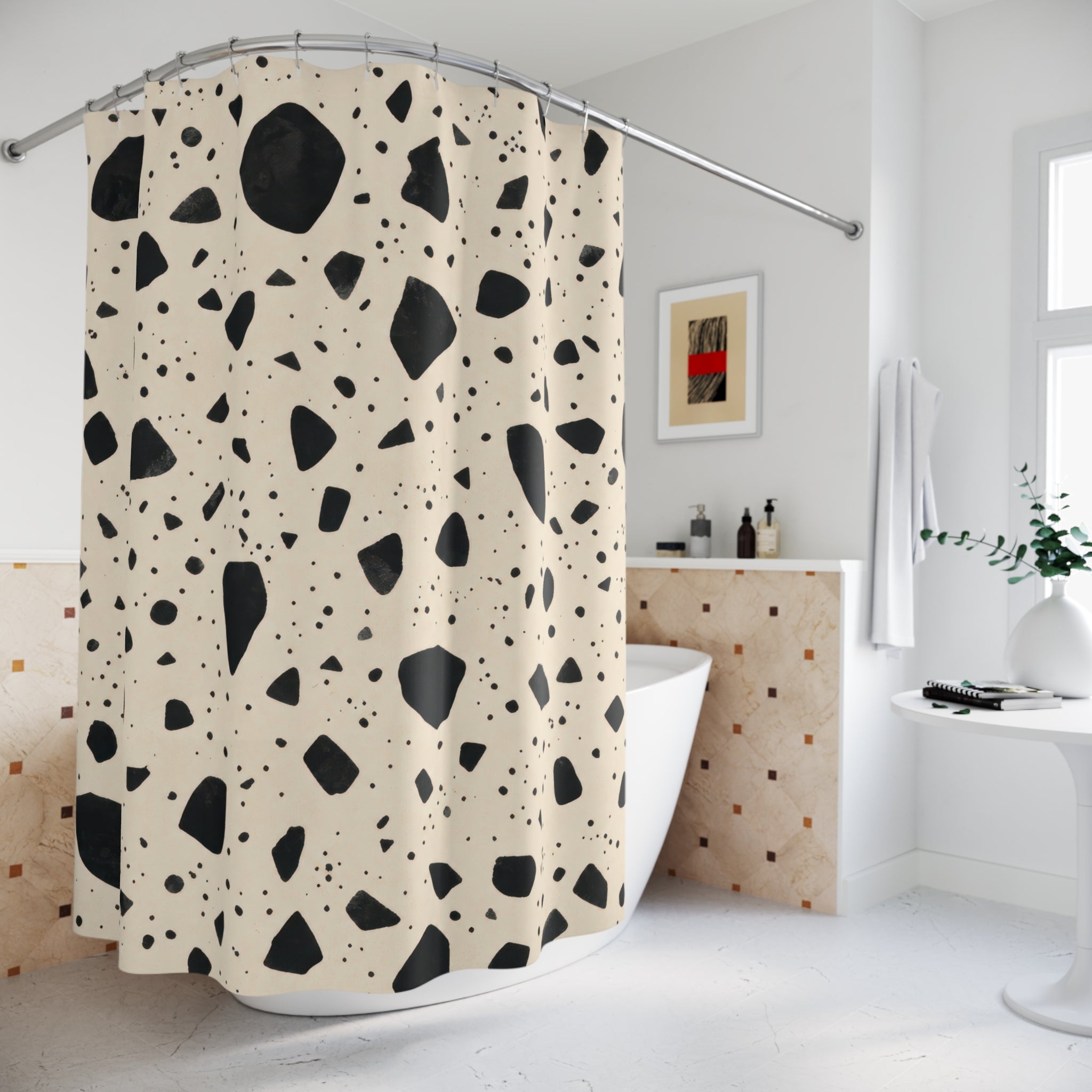 Black Cream Speckled Stone Shower Curtain
