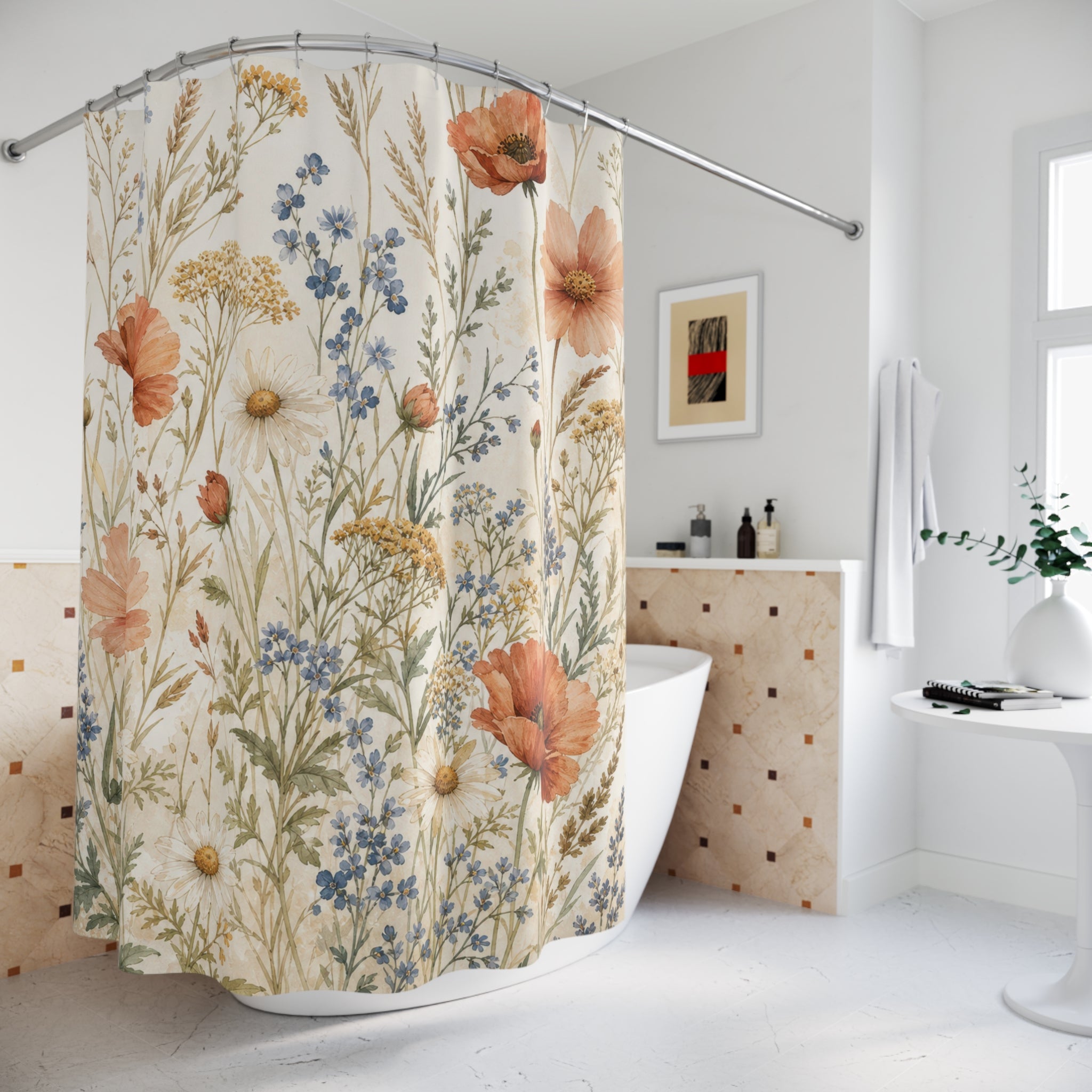 Orange Blue Wildflower Watercolor Shower Curtain