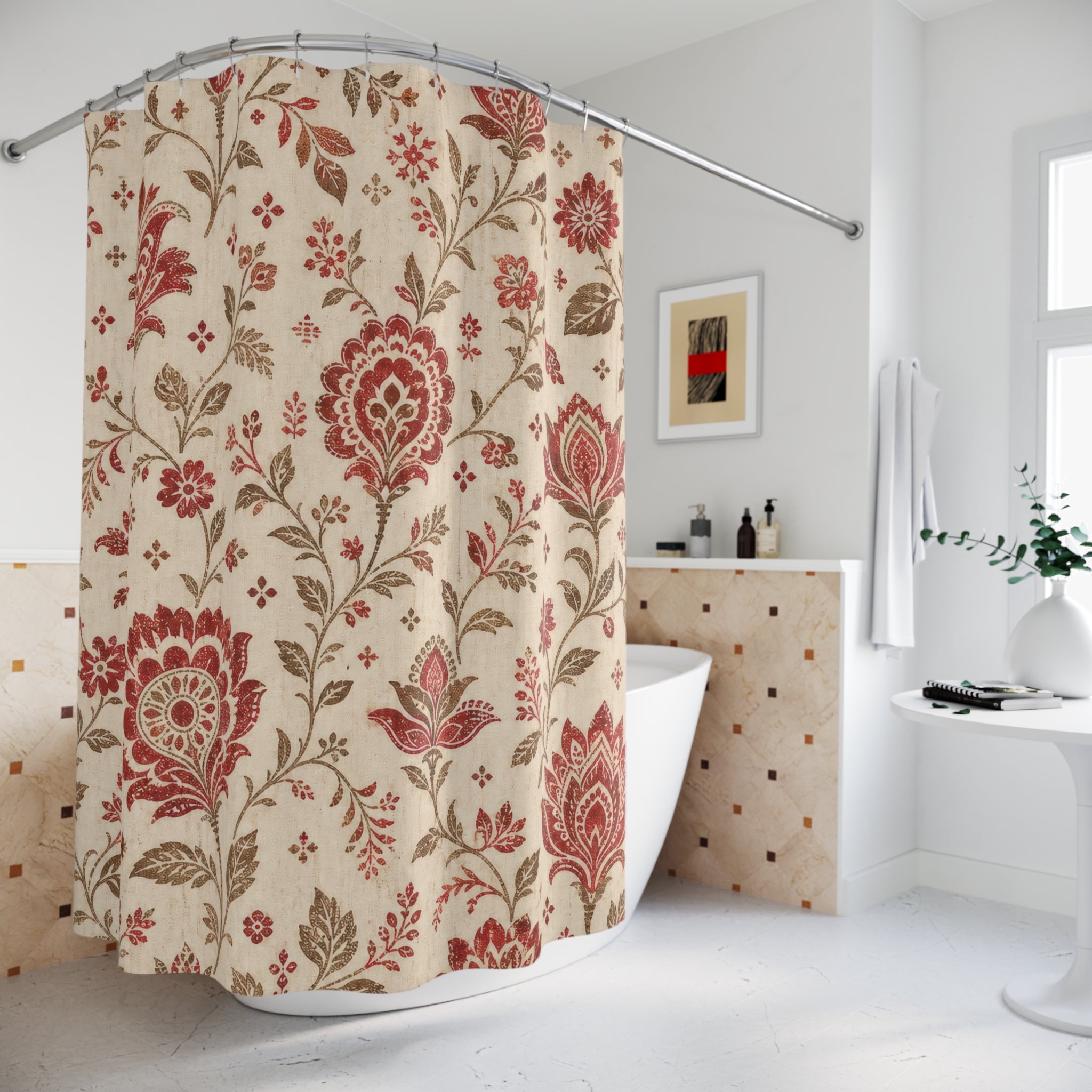 Beige Red Vintage Flower Floral Shower Curtain