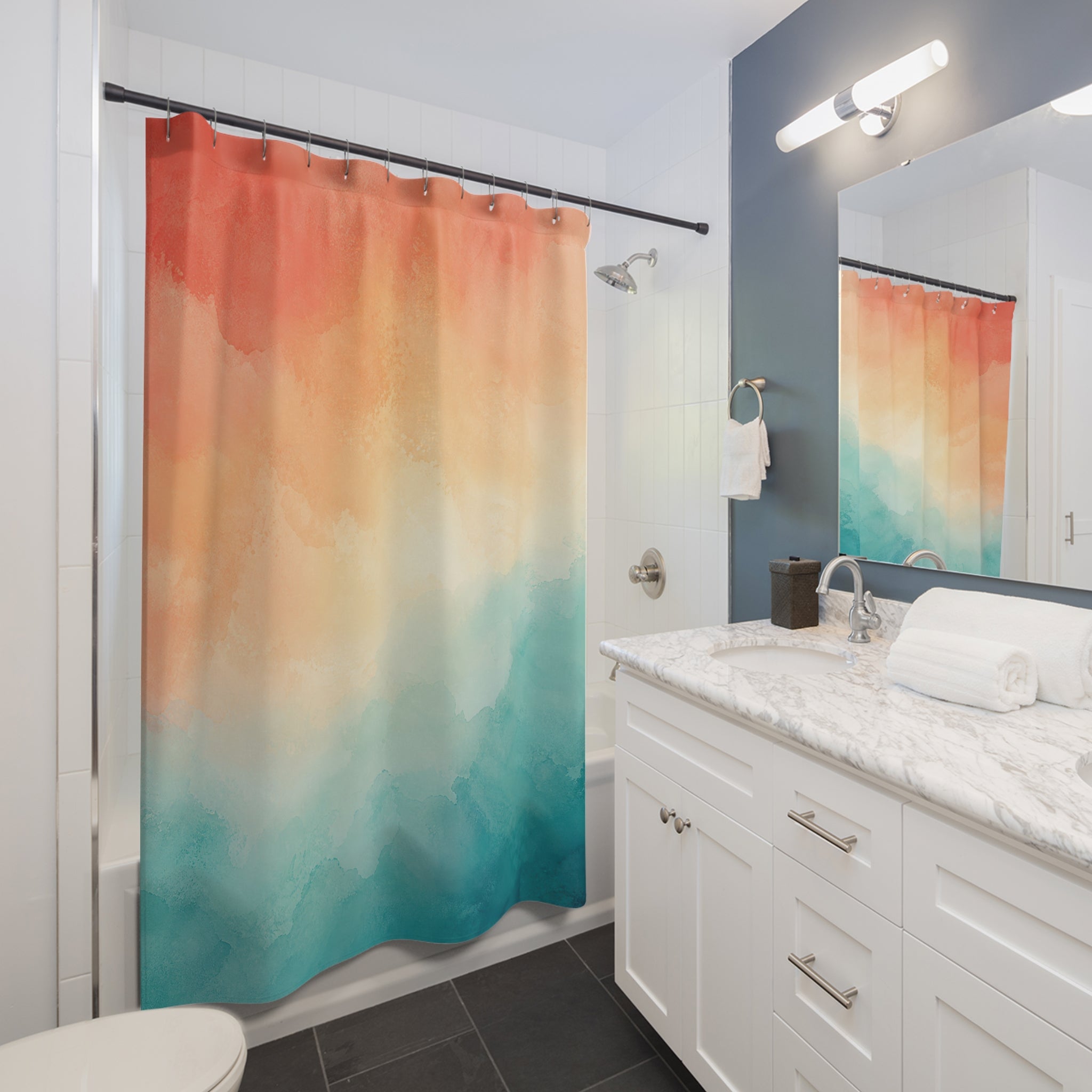 Coral Teal Watercolor Shower Curtain