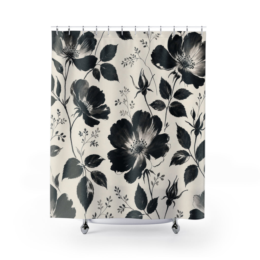 Floral Shower Curtain, Black White Painterly Flower Pattern, Modern Farmhouse Bathroom Decor, Graphic Guest Bath Botanical Style