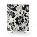 Floral Shower Curtain, Black White Painterly Flower Pattern, Modern Farmhouse Bathroom Decor, Graphic Guest Bath Botanical Style