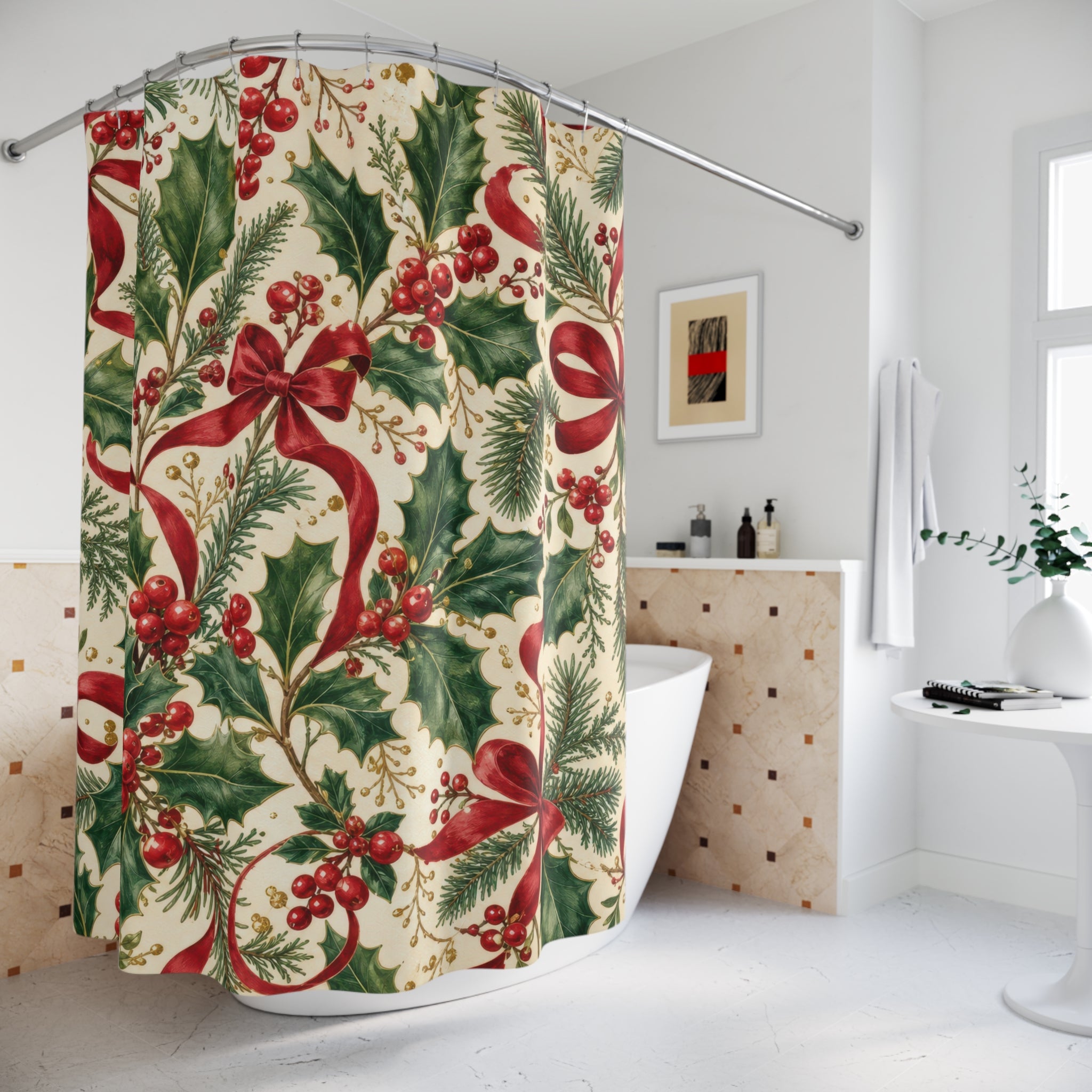 Holly Berry and Red Bow Christmas Shower Curtain