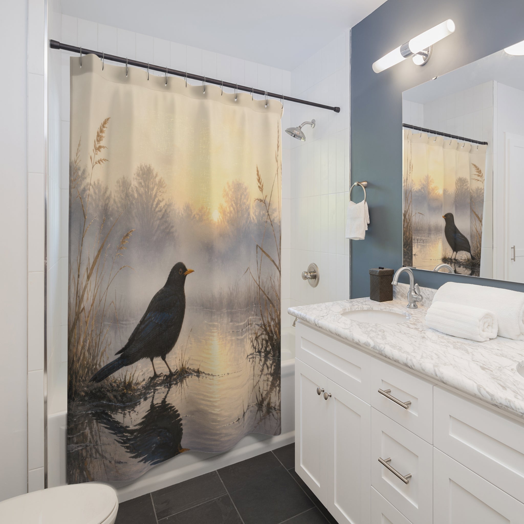 Blackbird beside a misty sunrise wetland reflection shower curtain beside a white vanity