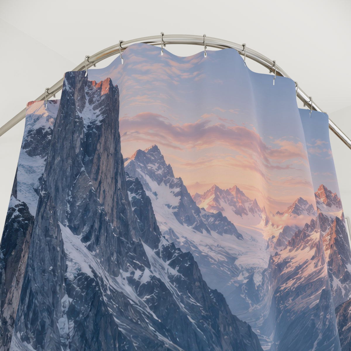 Rose-lit snowy mountains above a turquoise glacial lake shower curtain with close-up print, hooks, and folds