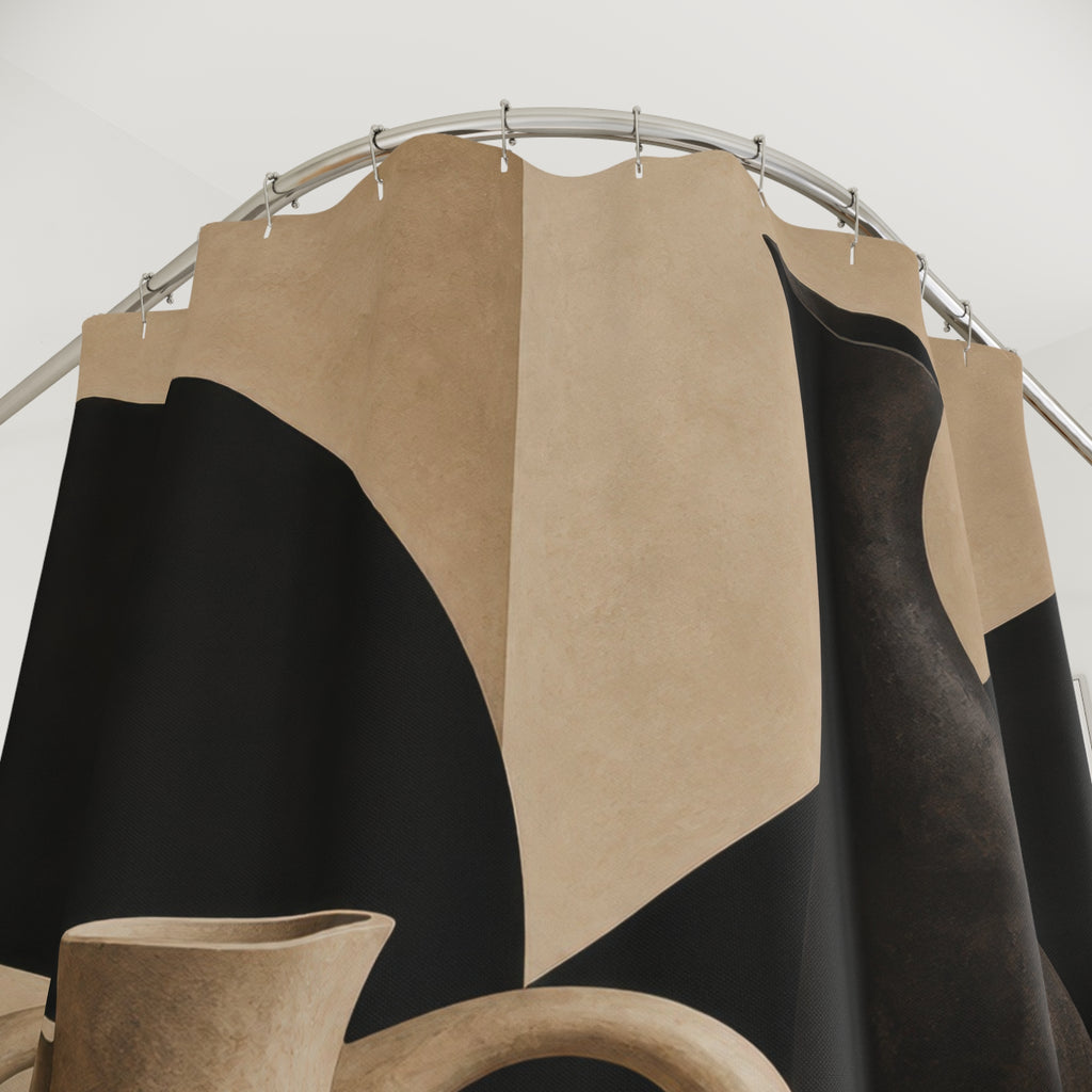 Beige and black sculptural pottery still life shower curtain with close-up print, hooks, and folds