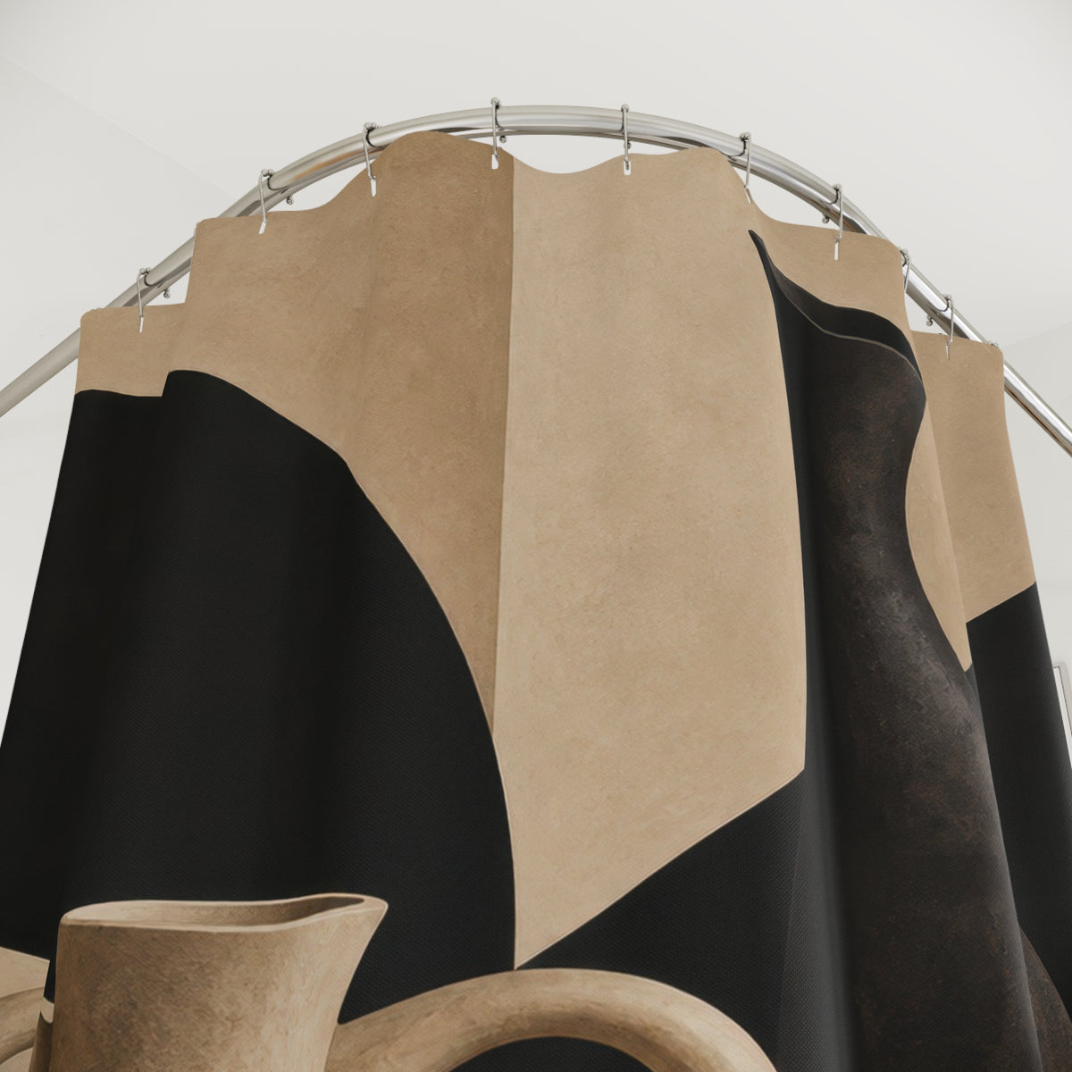 Beige and black sculptural pottery still life shower curtain with close-up print, hooks, and folds