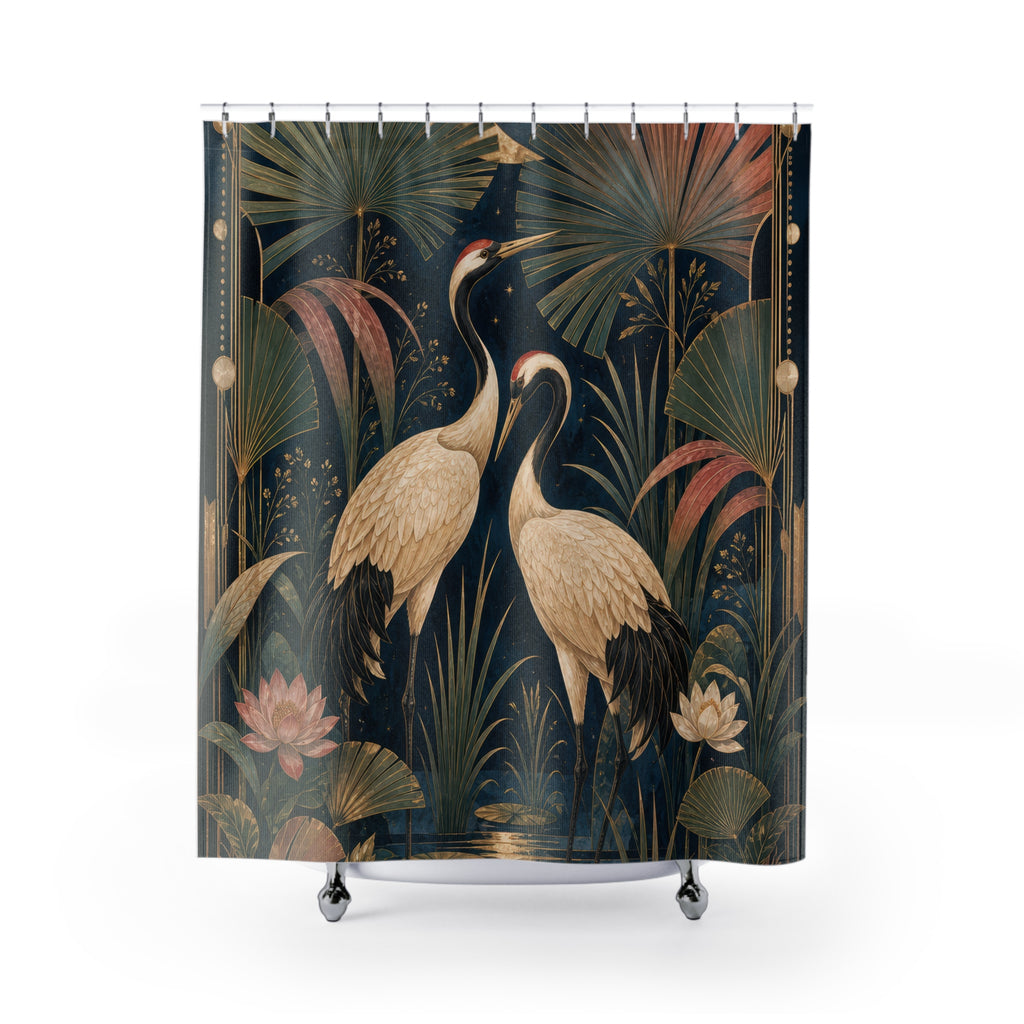 Midnight Crane Palms Shower Curtain