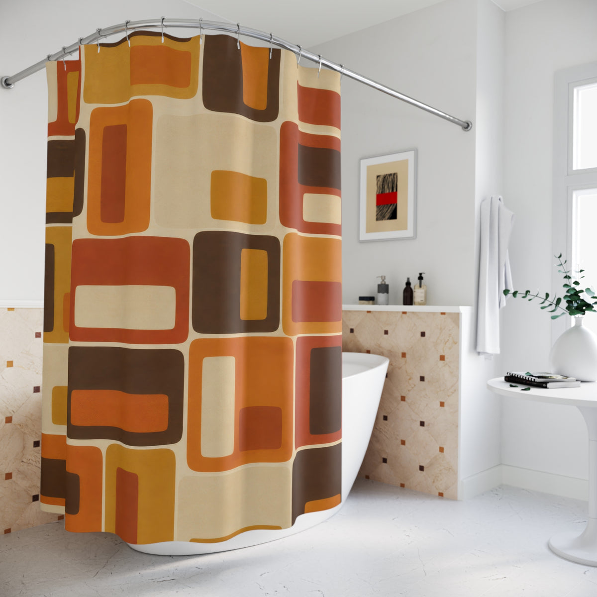 Orange, amber and brown nested rectangles with cream spaces shower curtain beside a freestanding tub