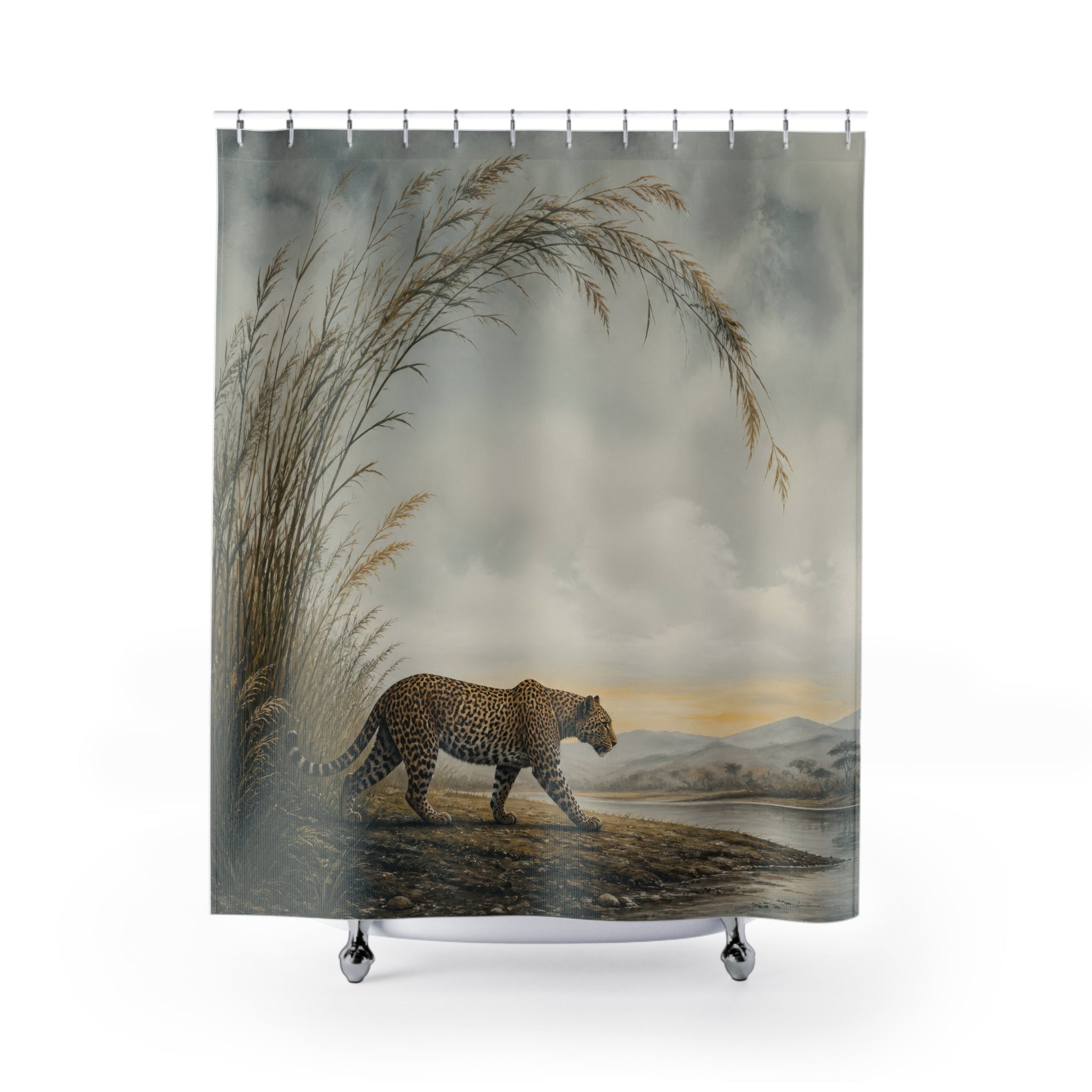 Misty grassland leopard landscape shower curtain with full front view