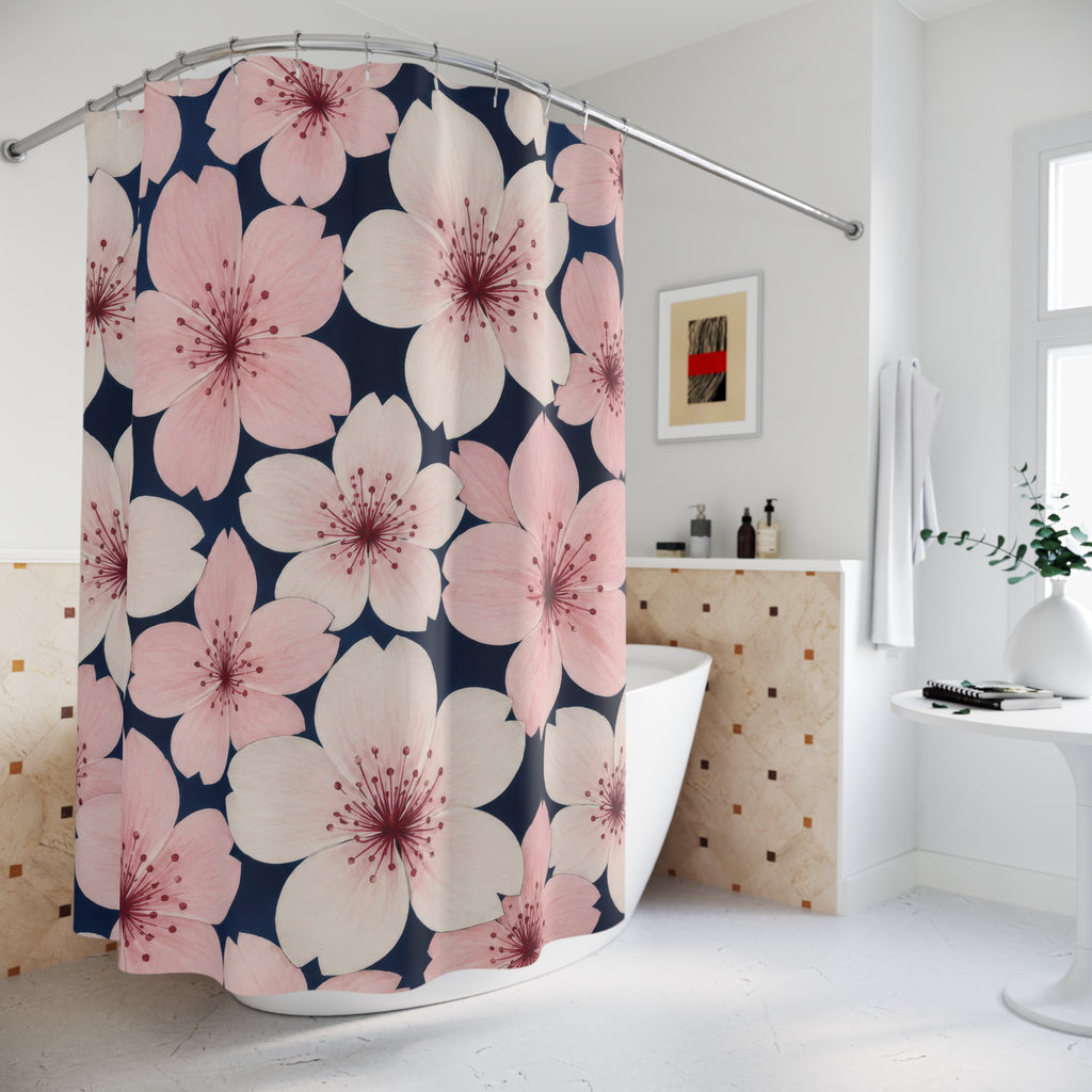 Pink and ivory cherry blossoms on navy shower curtain beside a freestanding tub